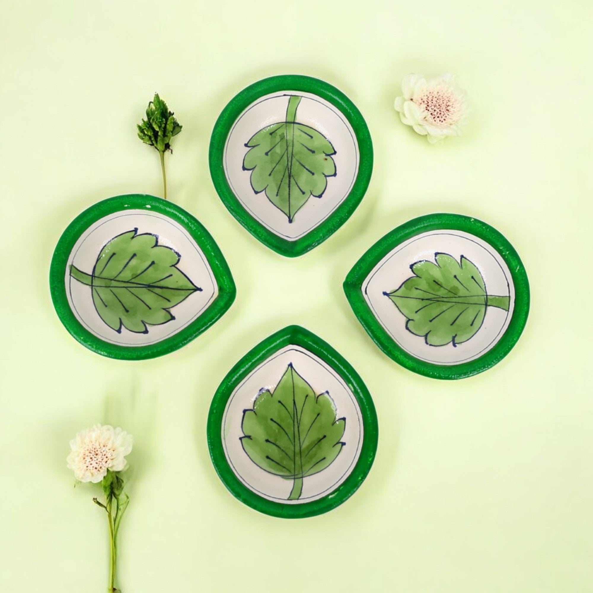 Hand-Painted Ceramic Diyas - Set of 4 – Green-2