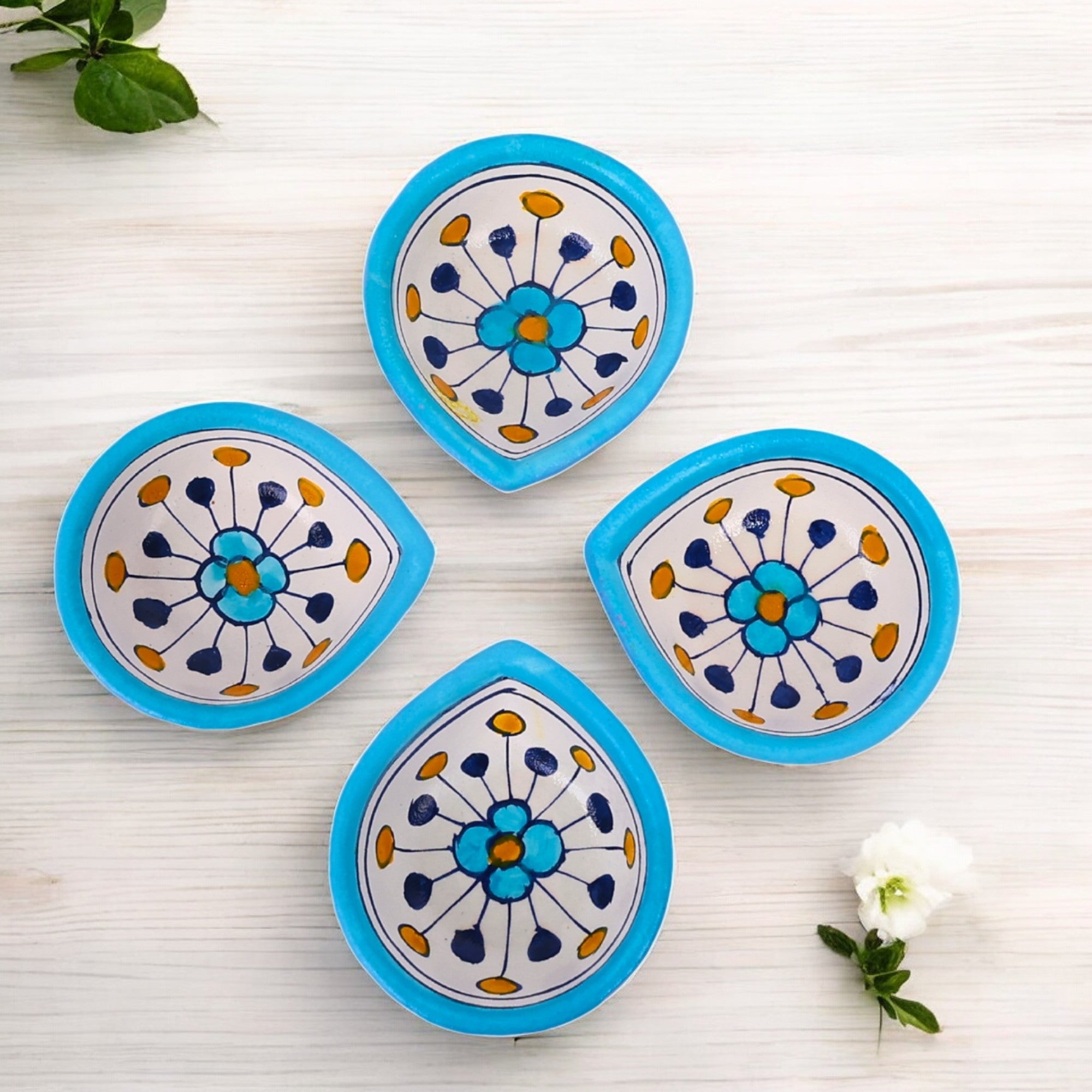 Hand-Painted Ceramic Diyas - Set of 4 – Lavender & Turquoise