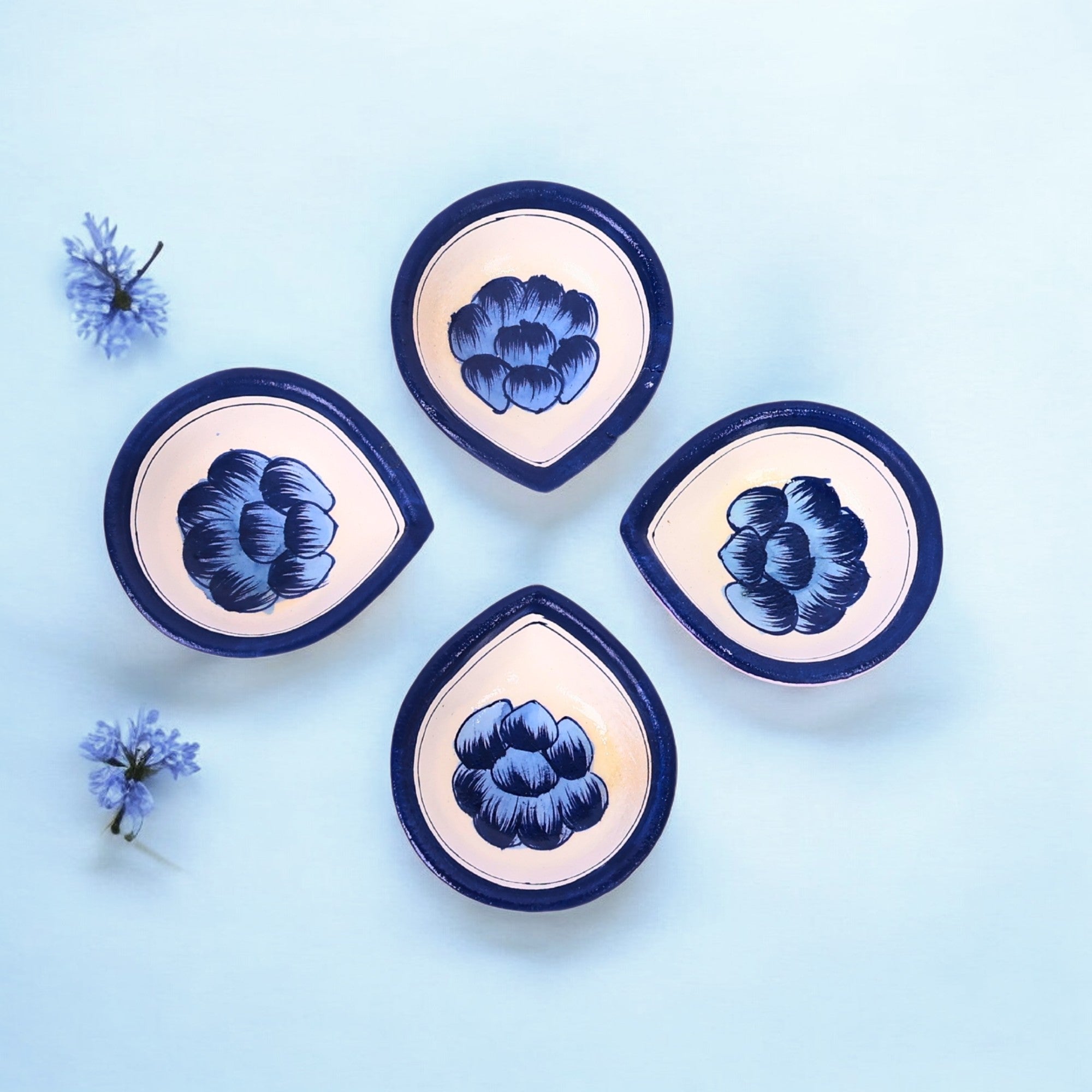 Hand-Painted Ceramic Diyas - Set of 4 - Lavender and Blue