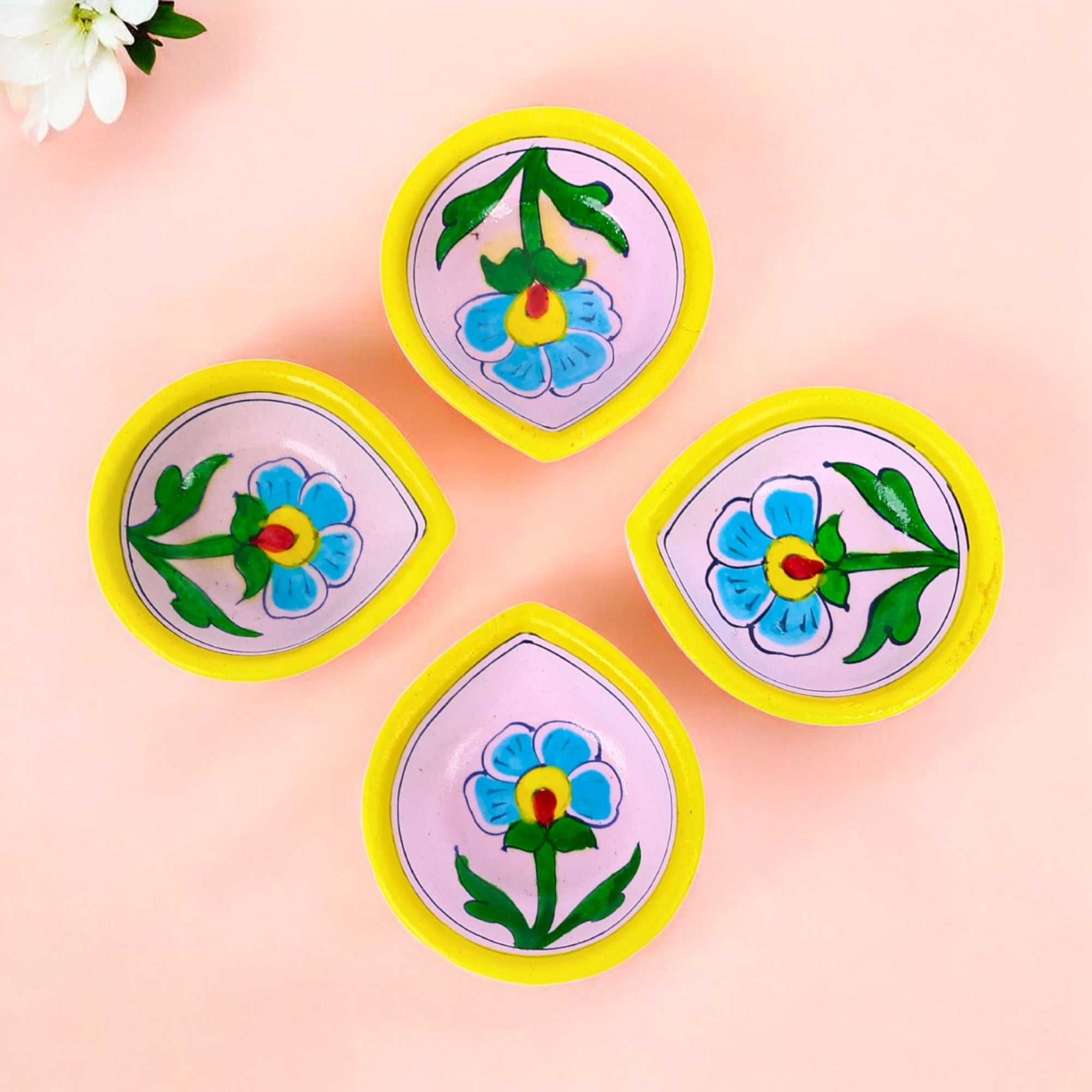 Hand-Painted Ceramic Diyas - Set of 4 - Lavender and Yellow-2