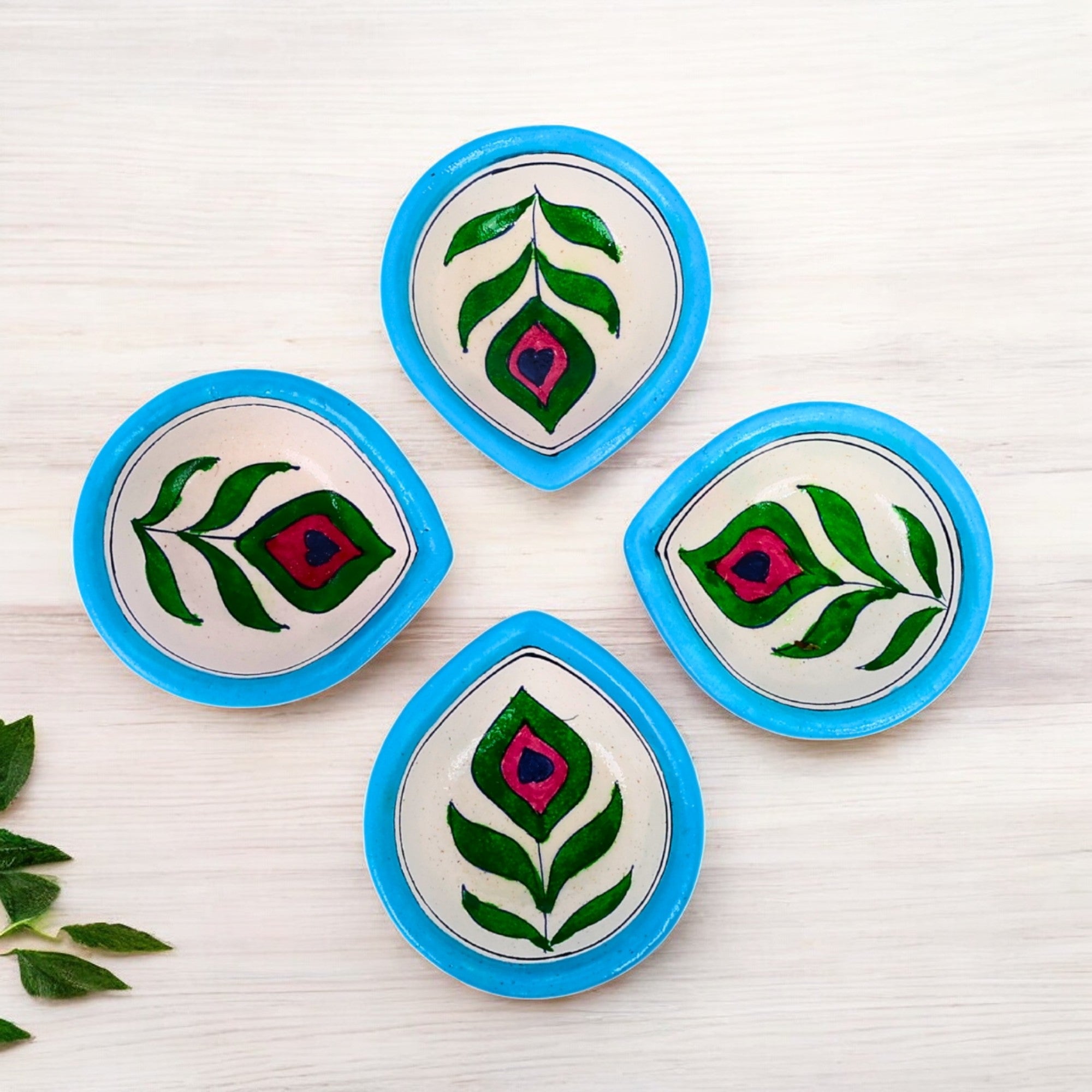 Hand-Painted Ceramic Diyas - Set of 4 - Turquoise-2
