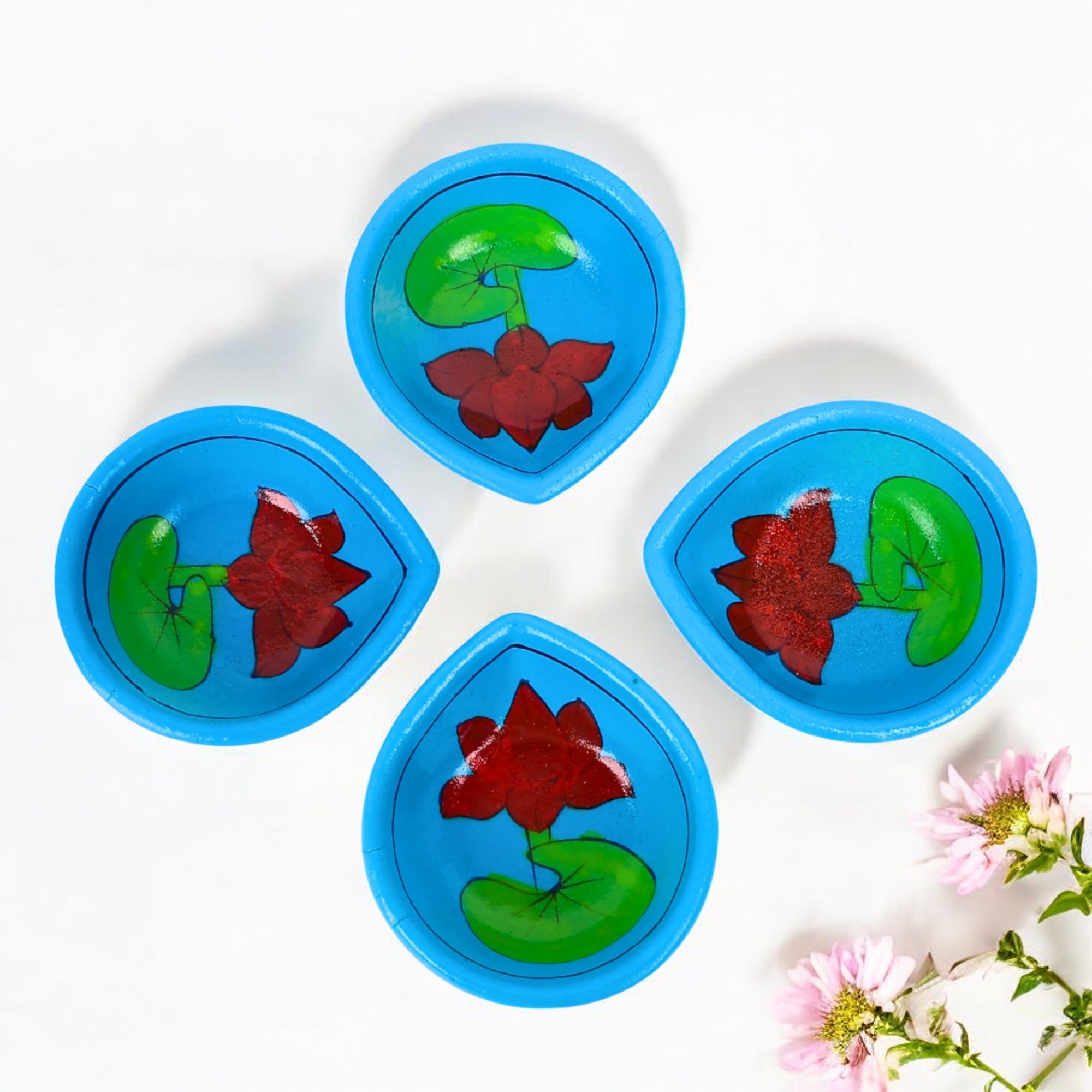 Hand-Painted Ceramic Diyas - Set of 4 - Turquoise