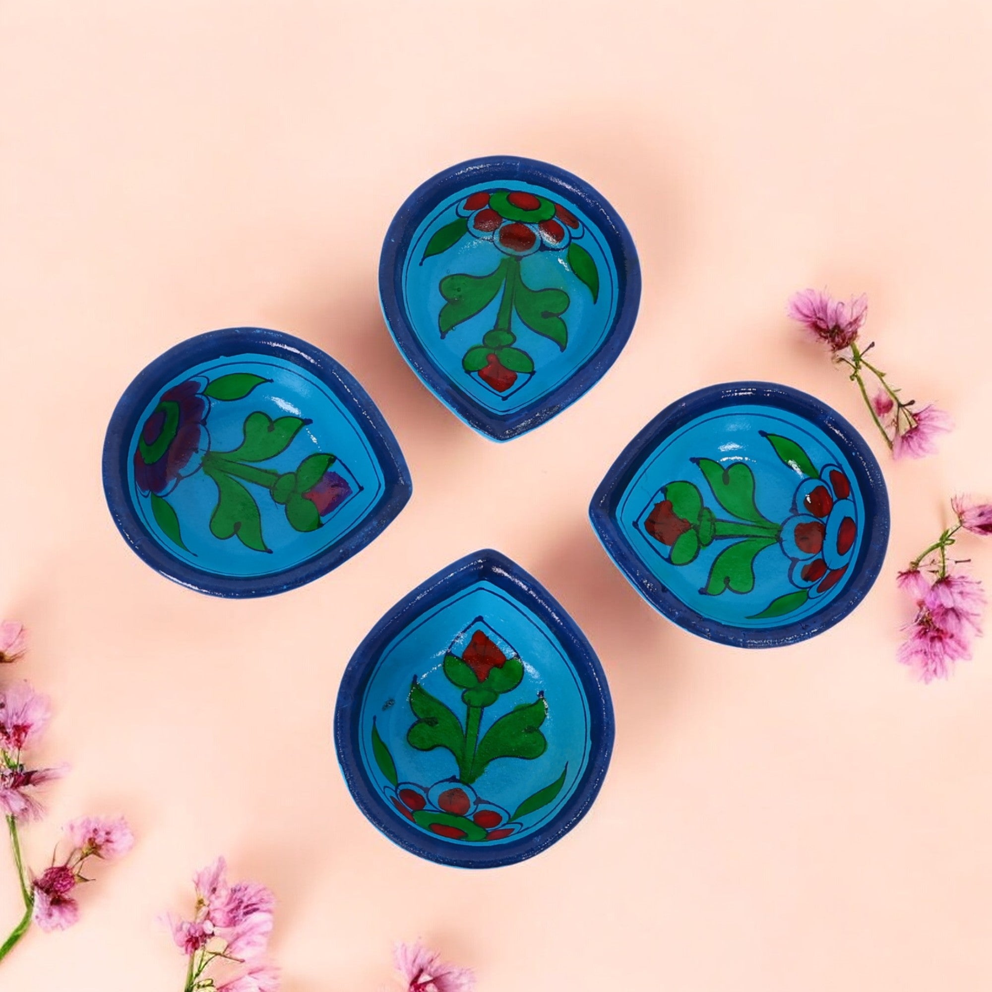 Hand-Painted Ceramic Diyas - Set of 4 – Turquoise and Blue-2