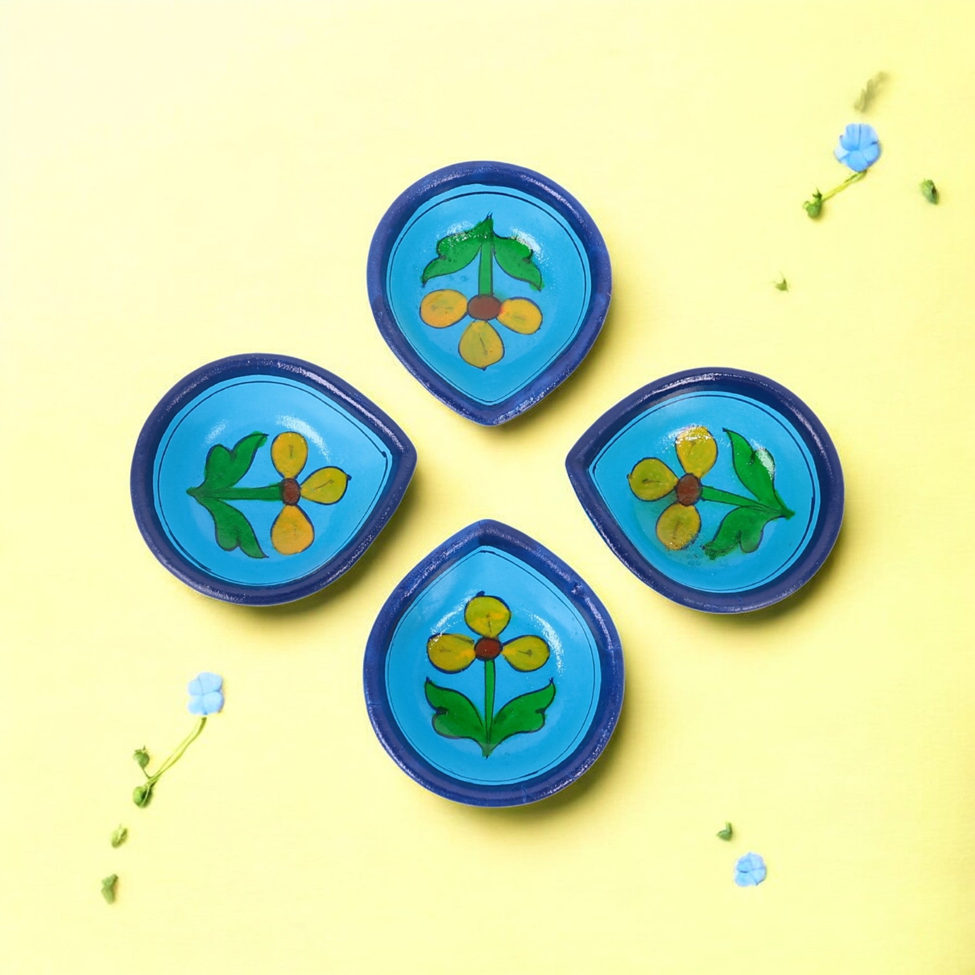 Hand-Painted Ceramic Diyas - Set of 4 – Turquoise and Blue