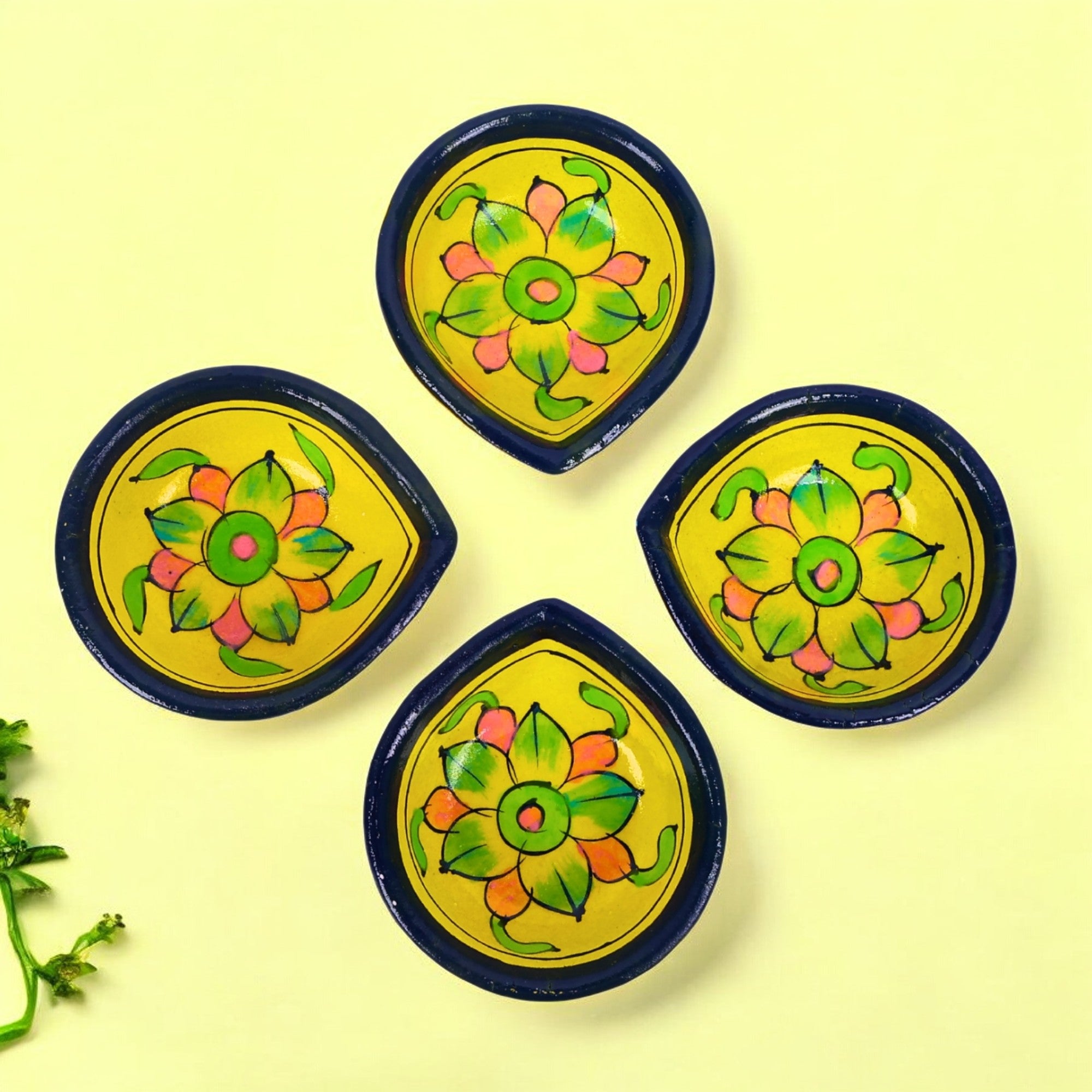 Hand-Painted Ceramic Diyas - Set of 4 - Yellow and Blue-2