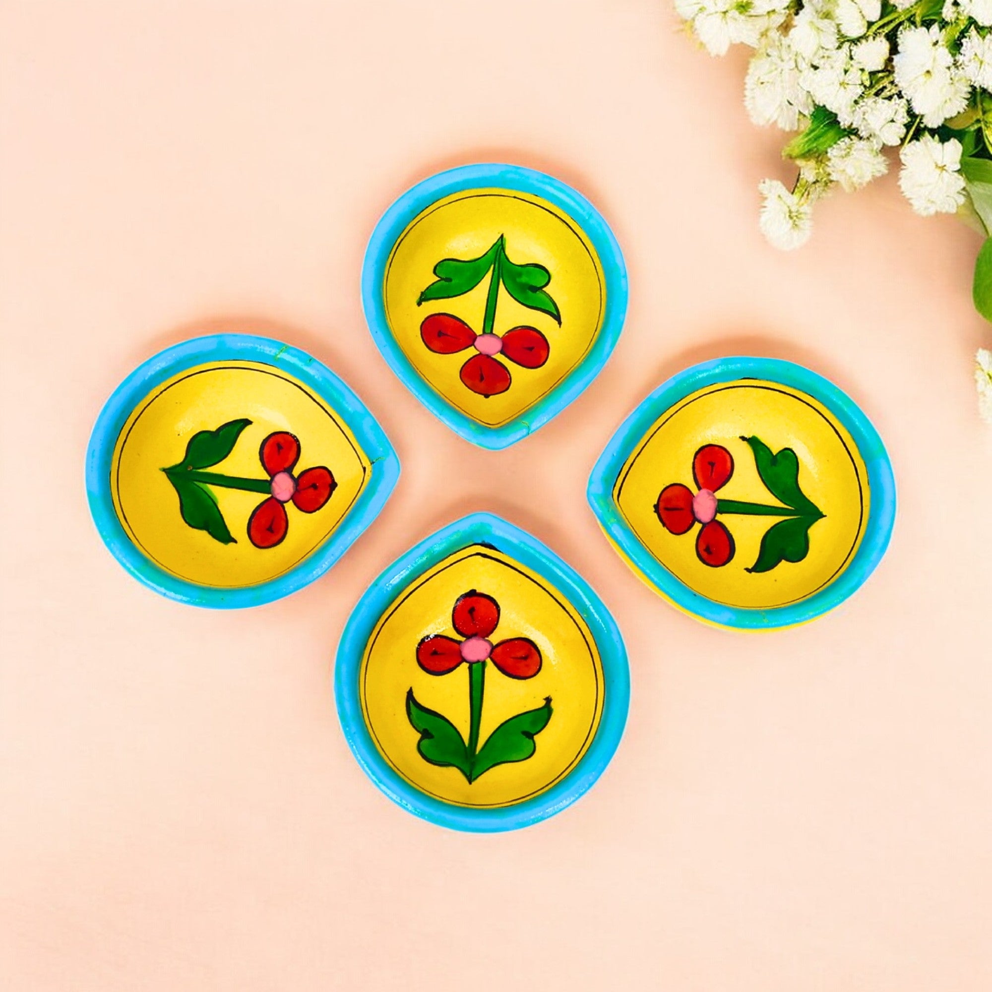 Hand-Painted Ceramic Diyas - Set of 4 - Yellow and Turquoise-2