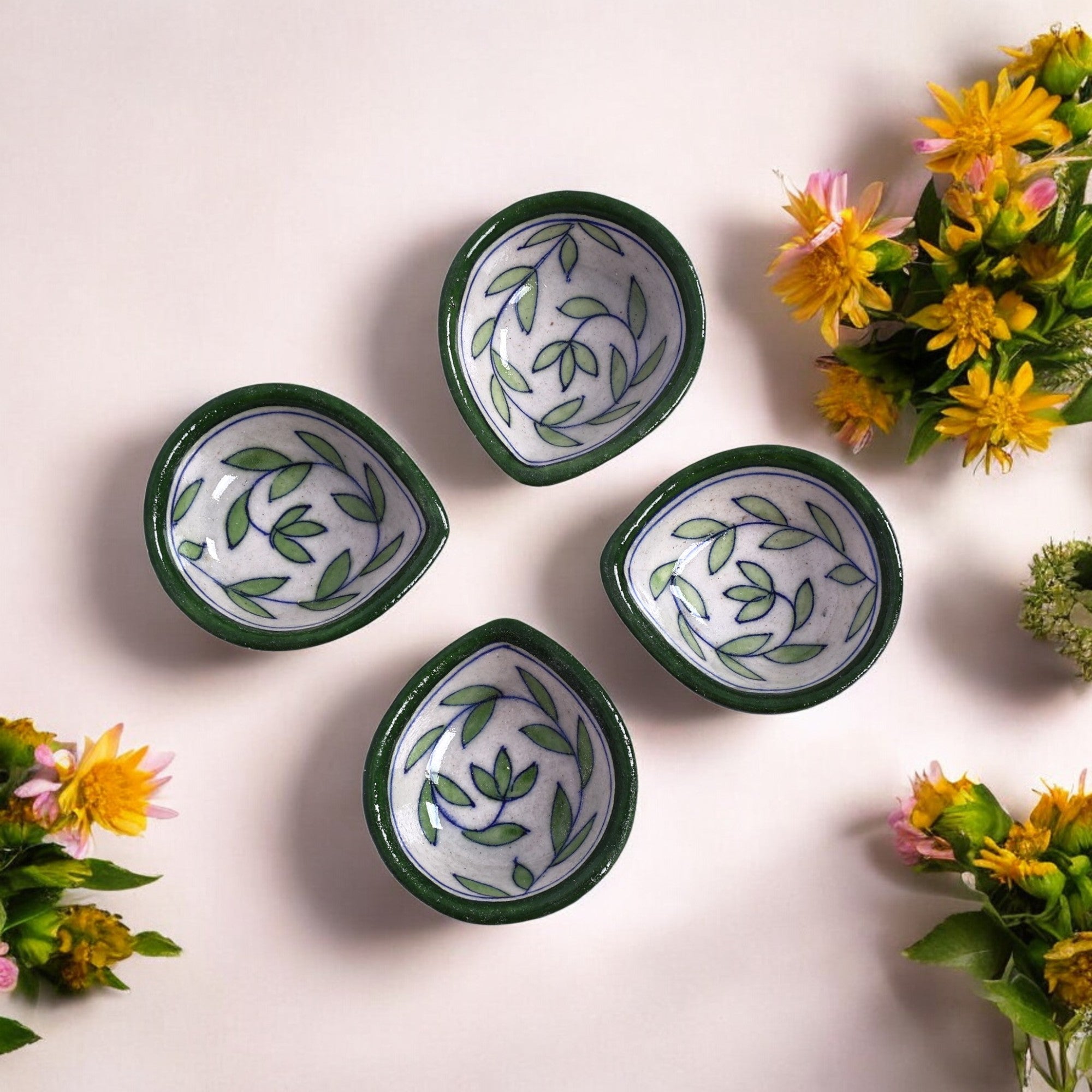Hand-Painted Ceramic Diyas - Set of 4 – Green