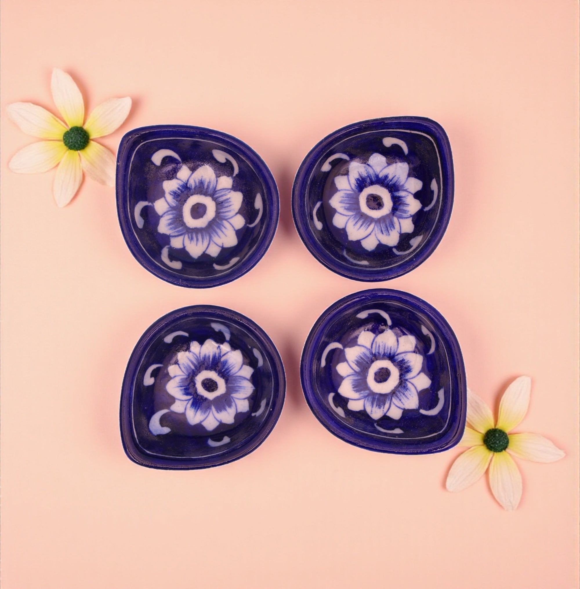 Handcrafted Blue Pottery Diyas Set – Blue – Leaf Design