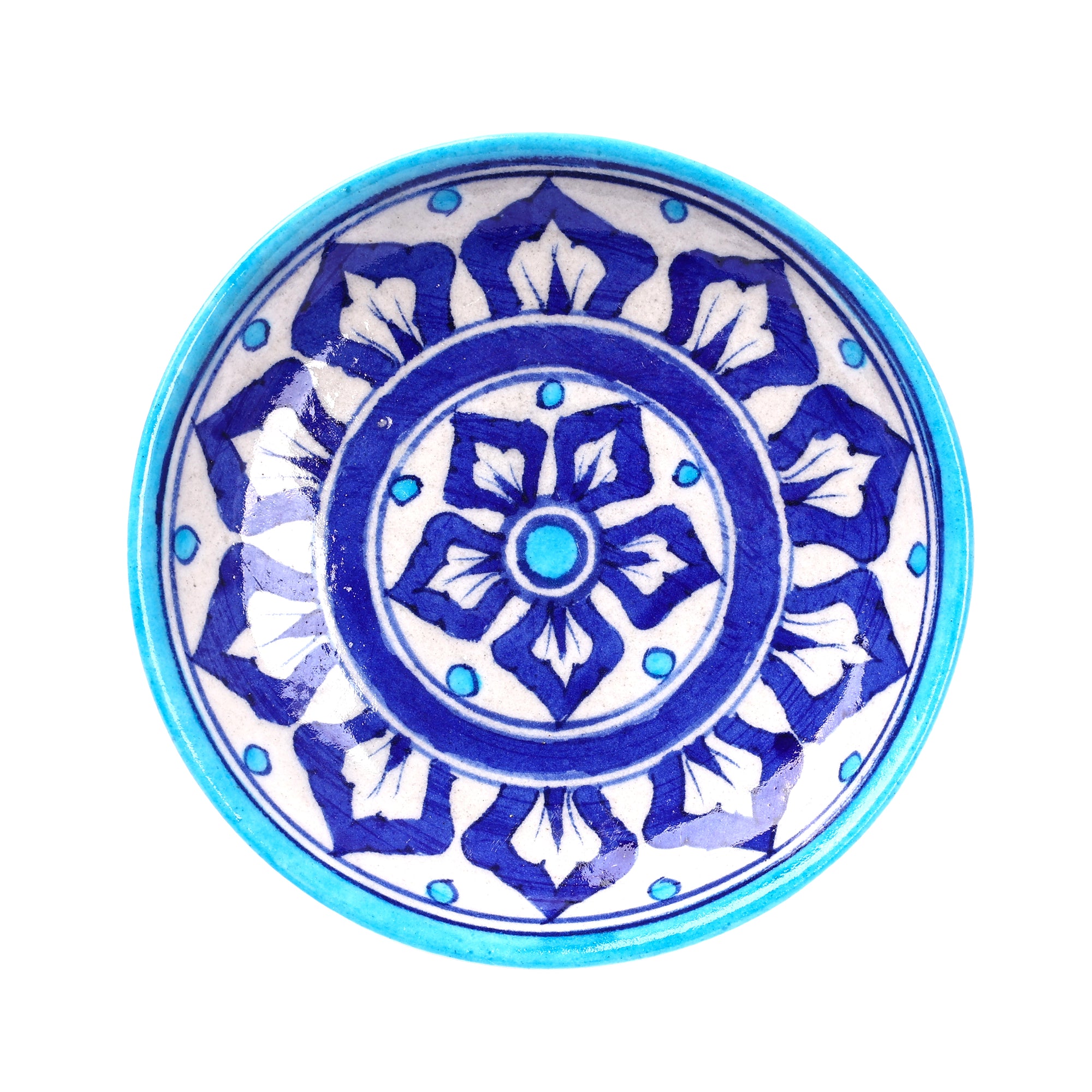 Handcrafted Blue Pottery Floral Decorative Plate—Cyan Blue
