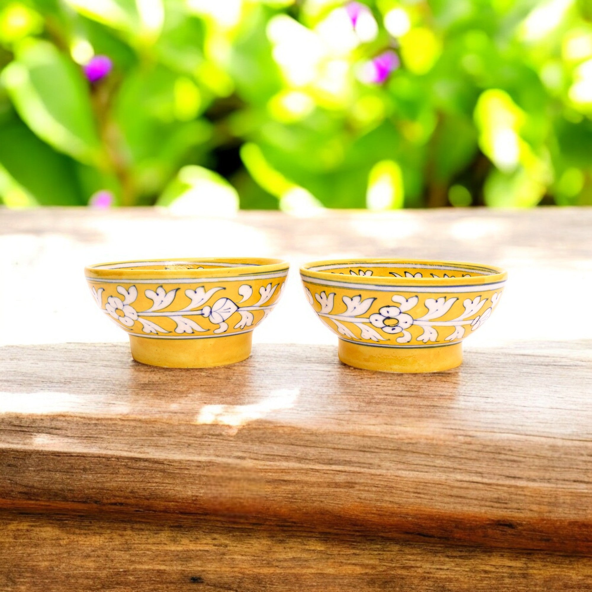 Handcrafted Blue Pottery Round Bowls—Yellow