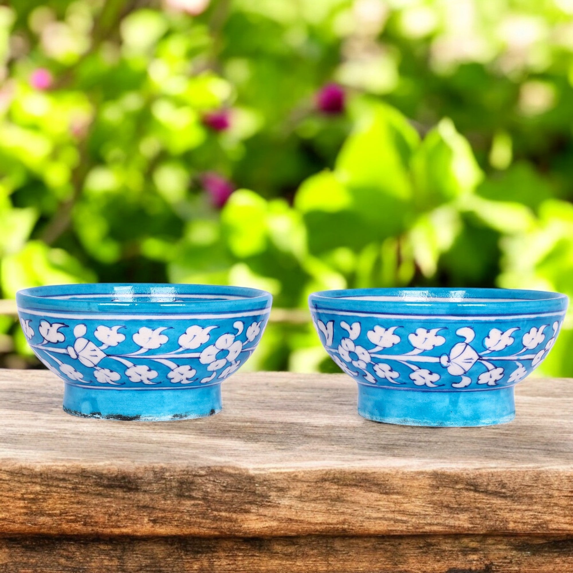 Handcrafted Blue Pottery Round Bowls—Cyan Blue
