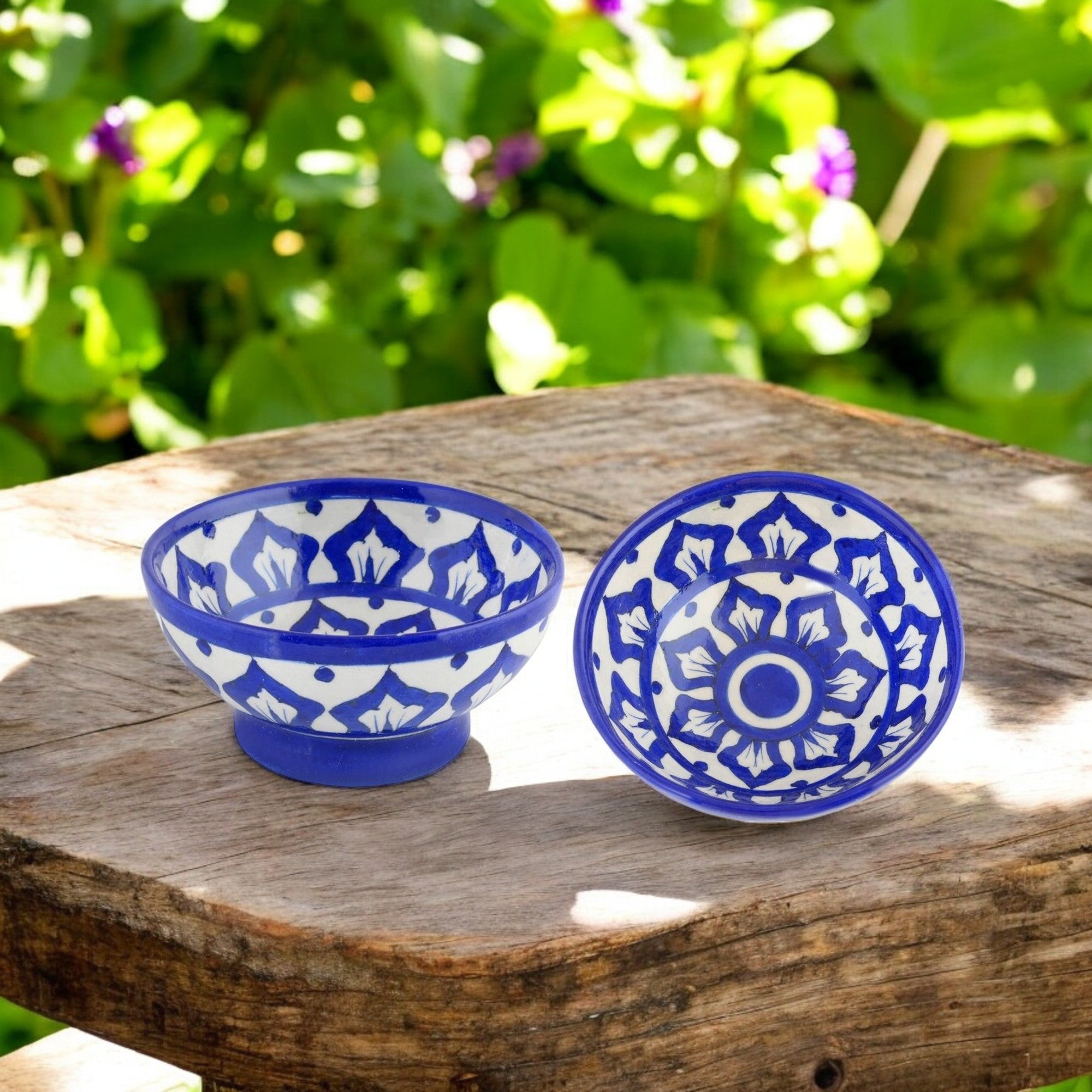 Handcrafted Blue and White Colour Round Blue Pottery Bowls—Set of 2—Floral Pattern—6”