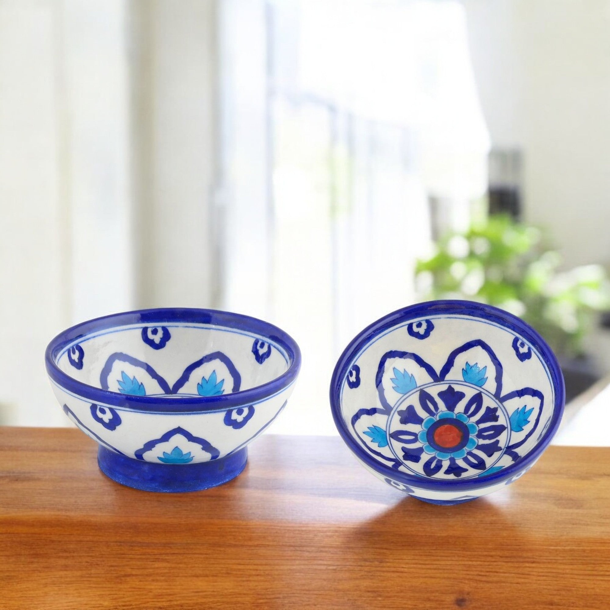 Handcrafted Round Blue Pottery Bowls—Set of 2—Floral Patterns—6”