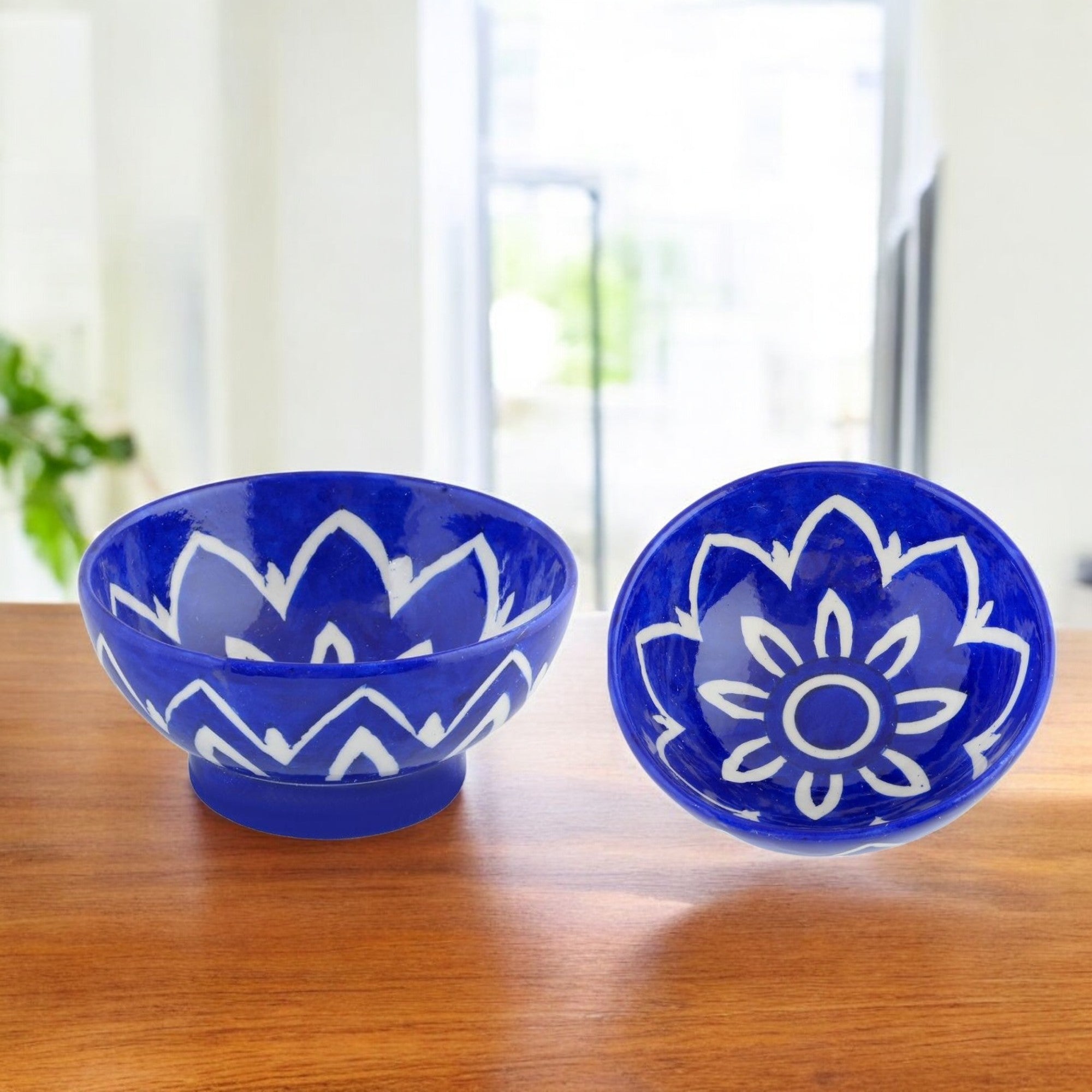 Handcrafted Round Blue Pottery Bowls – Set of 2 – Floral Pattern – 6"
