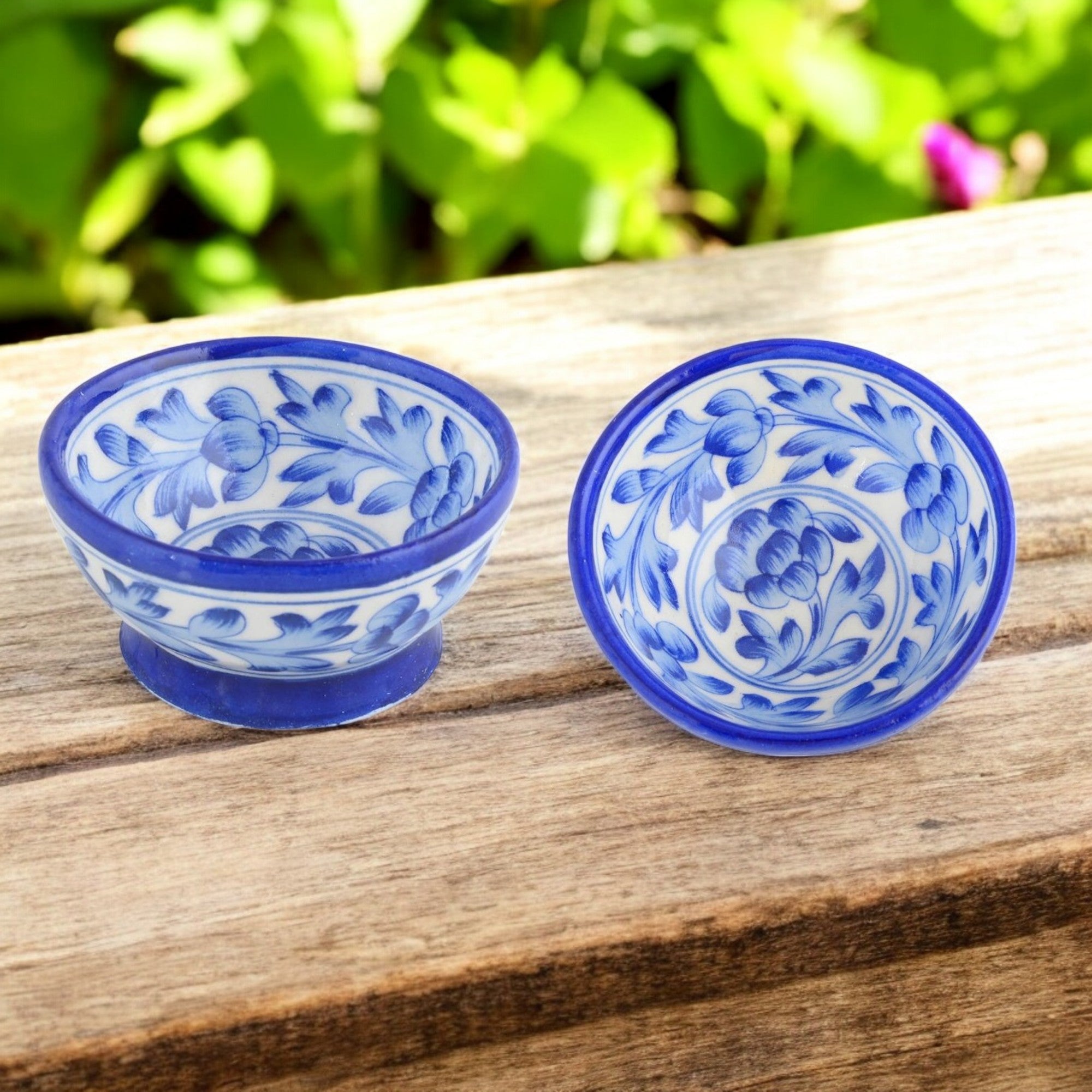 Handcrafted Round Blue Pottery Bowls—Set of 2—Floral Pattern—6”