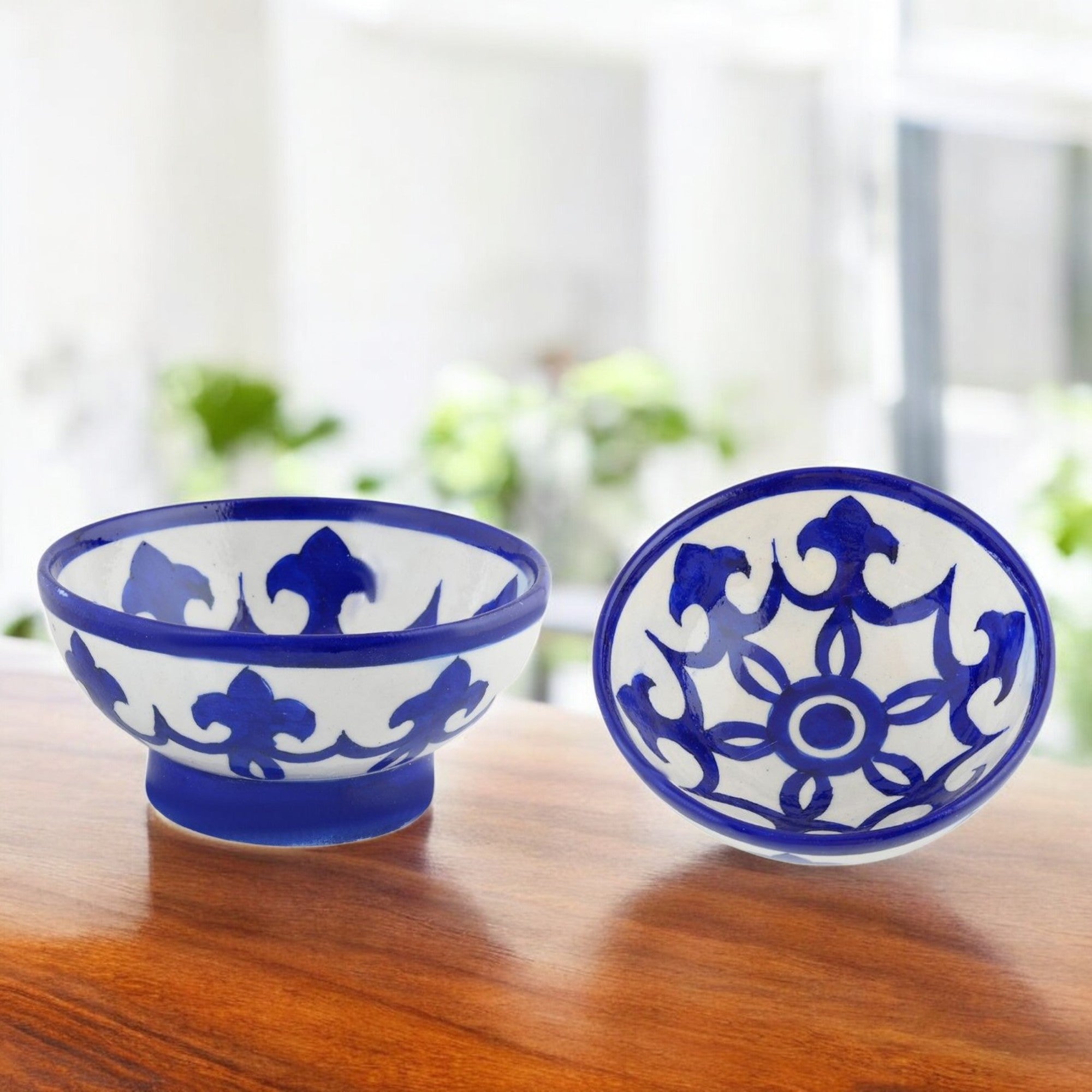 Handcrafted Round Blue Pottery Bowls – Set of 2 – Geometric & Floral Pattern – 6"