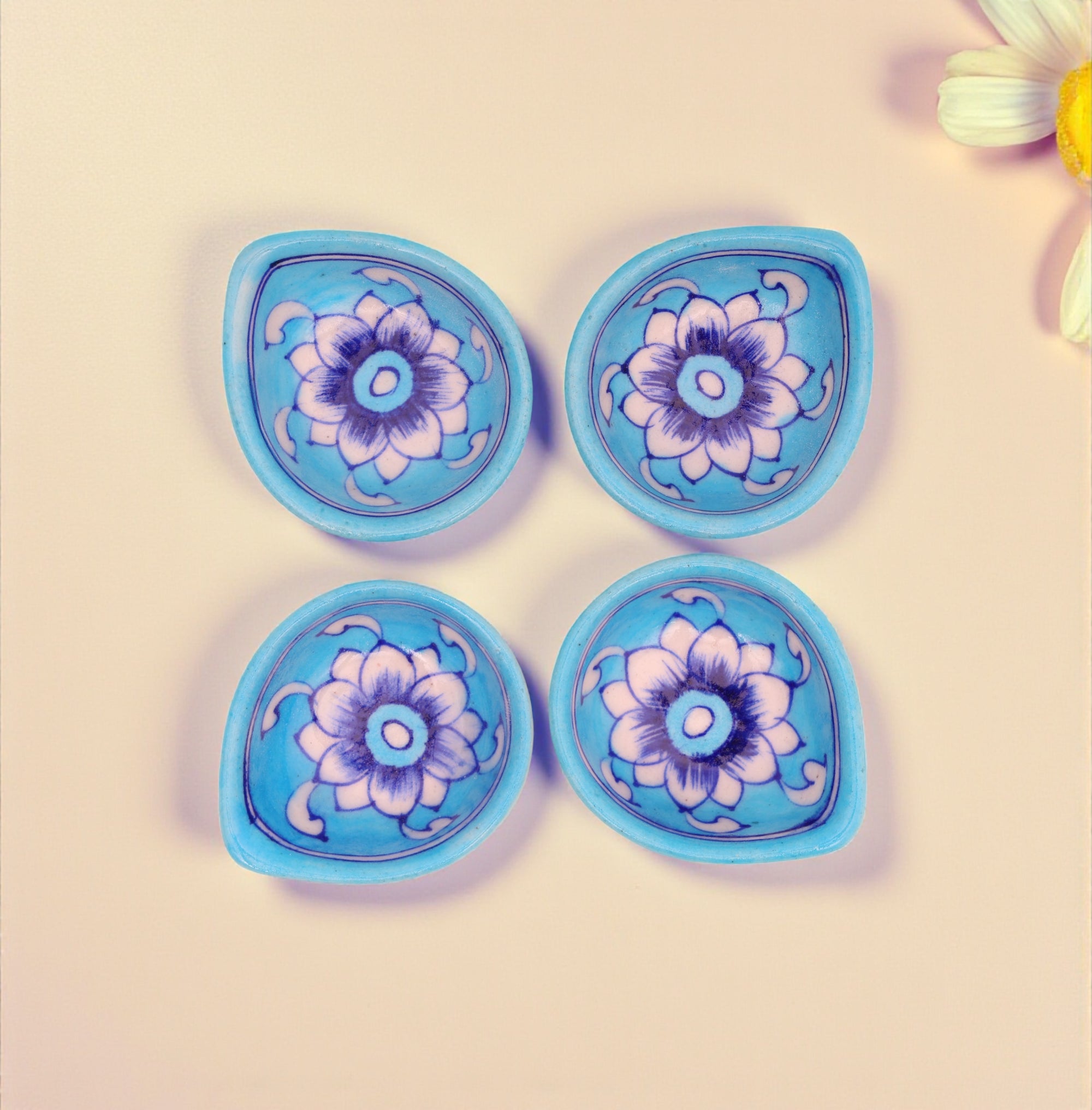 Handcrafted Sky Blue Blue Pottery Diyas Set – Floral Design