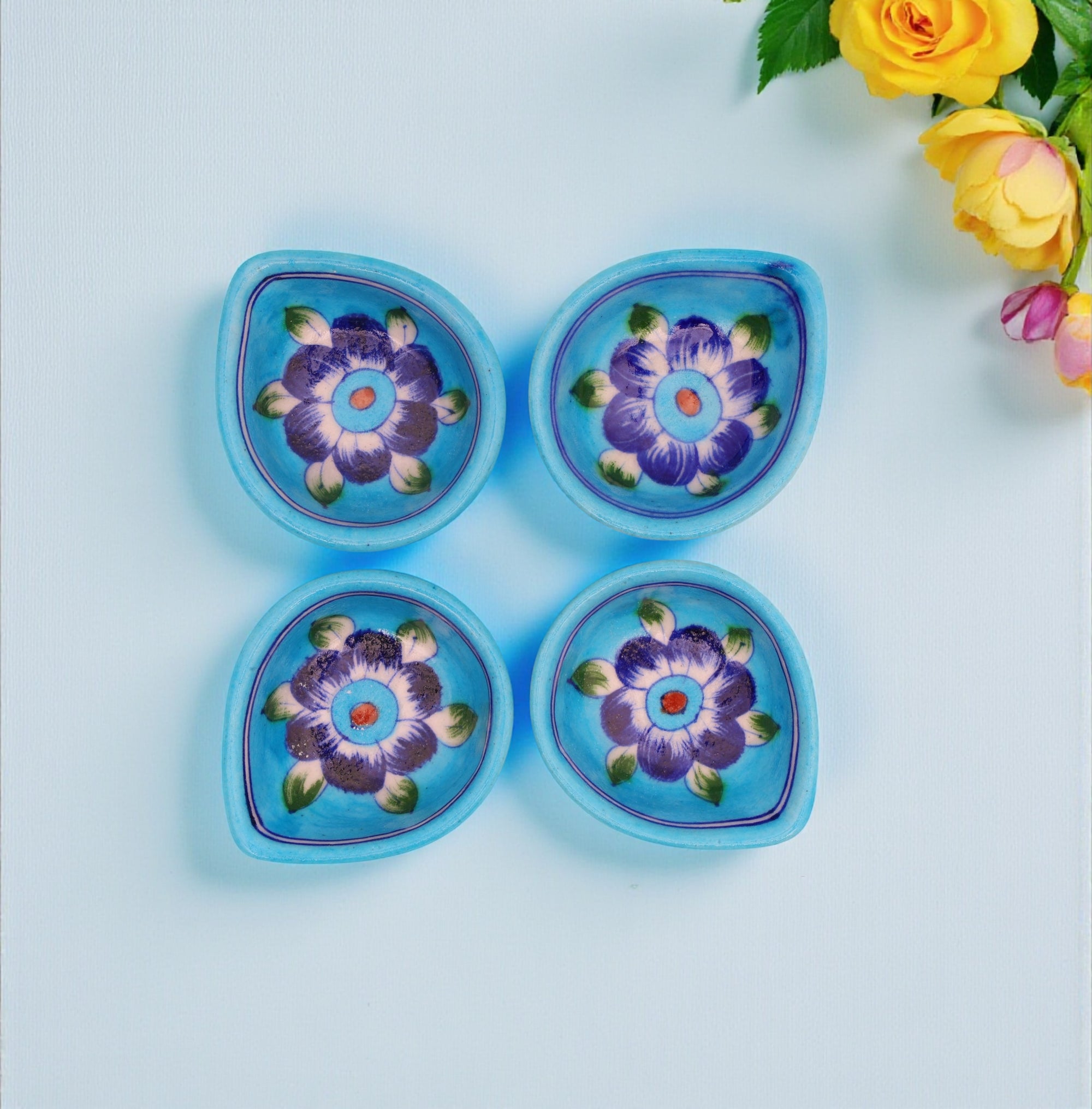 Handcrafted Turquoise Blue Blue Pottery Diyas Set – Leaf-Shaped