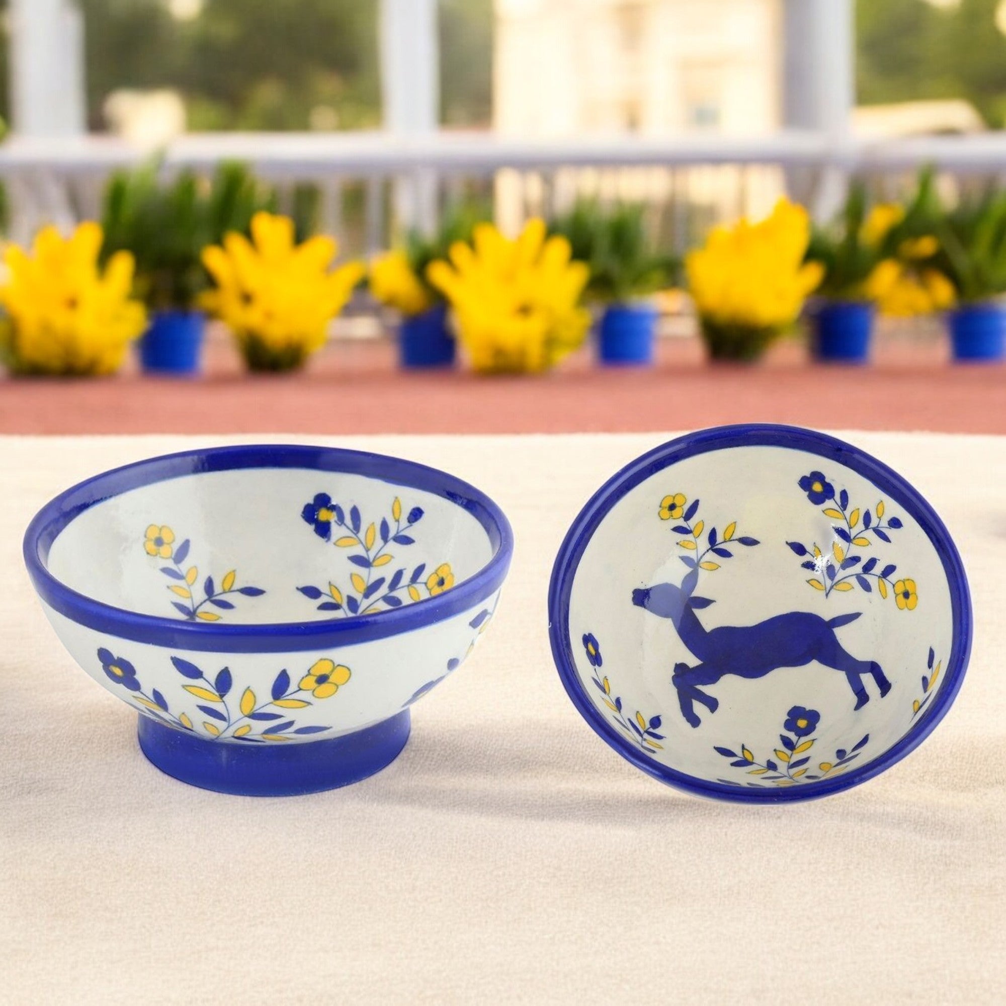 Handcrafted White Colour Round Blue Pottery Bowls—Set of 2—Reindeer and Foliage Pattern—6”