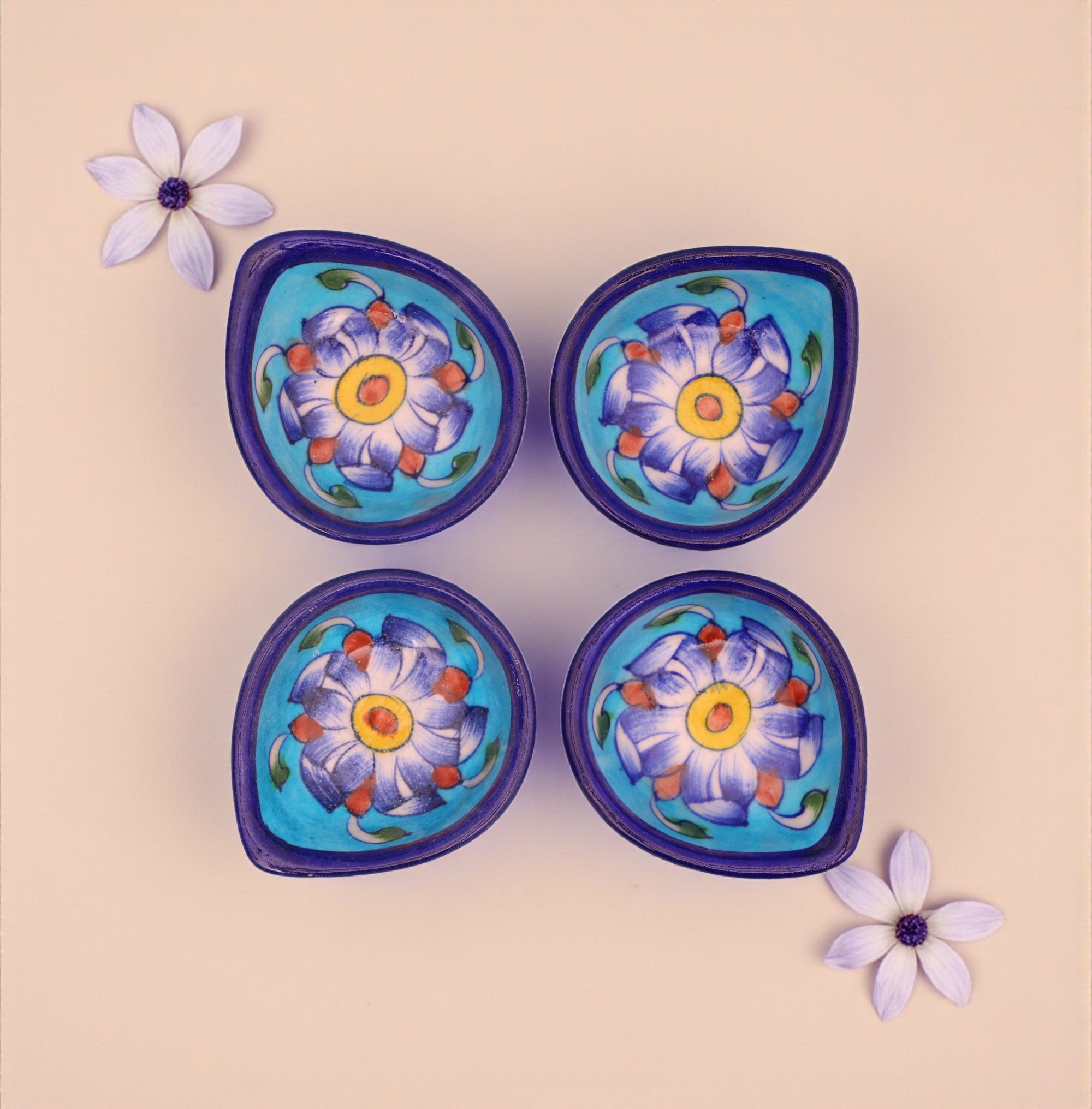 Leaf-Shaped Handcrafted Turquoise & Deep Blue Blue Pottery Diyas Set