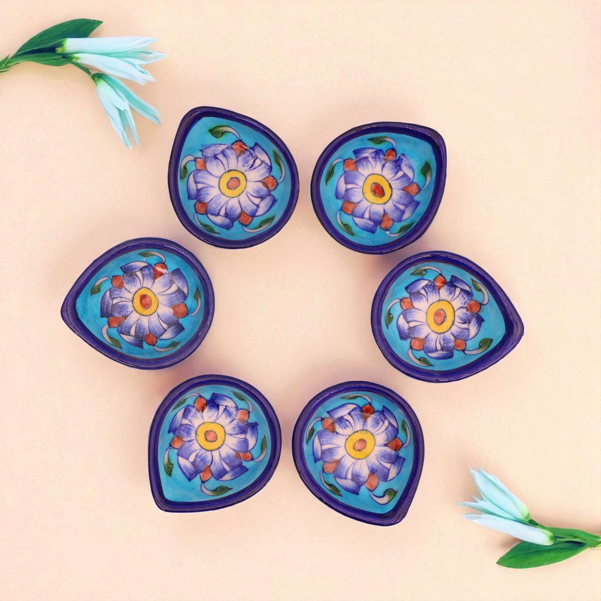 Leaf-Shaped Handcrafted Yellow & Turquoise Blue Pottery Diyas Set of 6