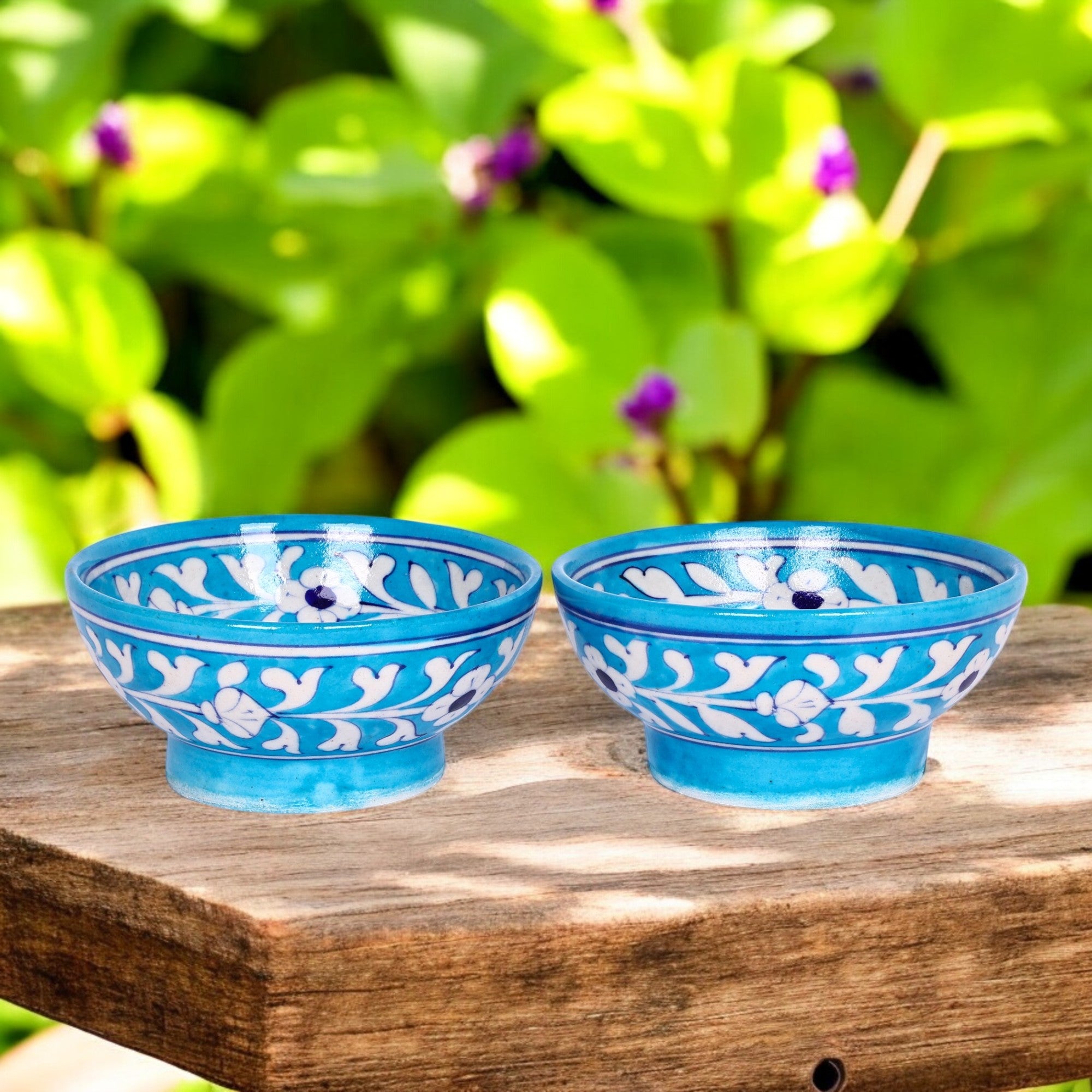 Blue Pottery Floral Bowls—Set of 2—Cyan Blue