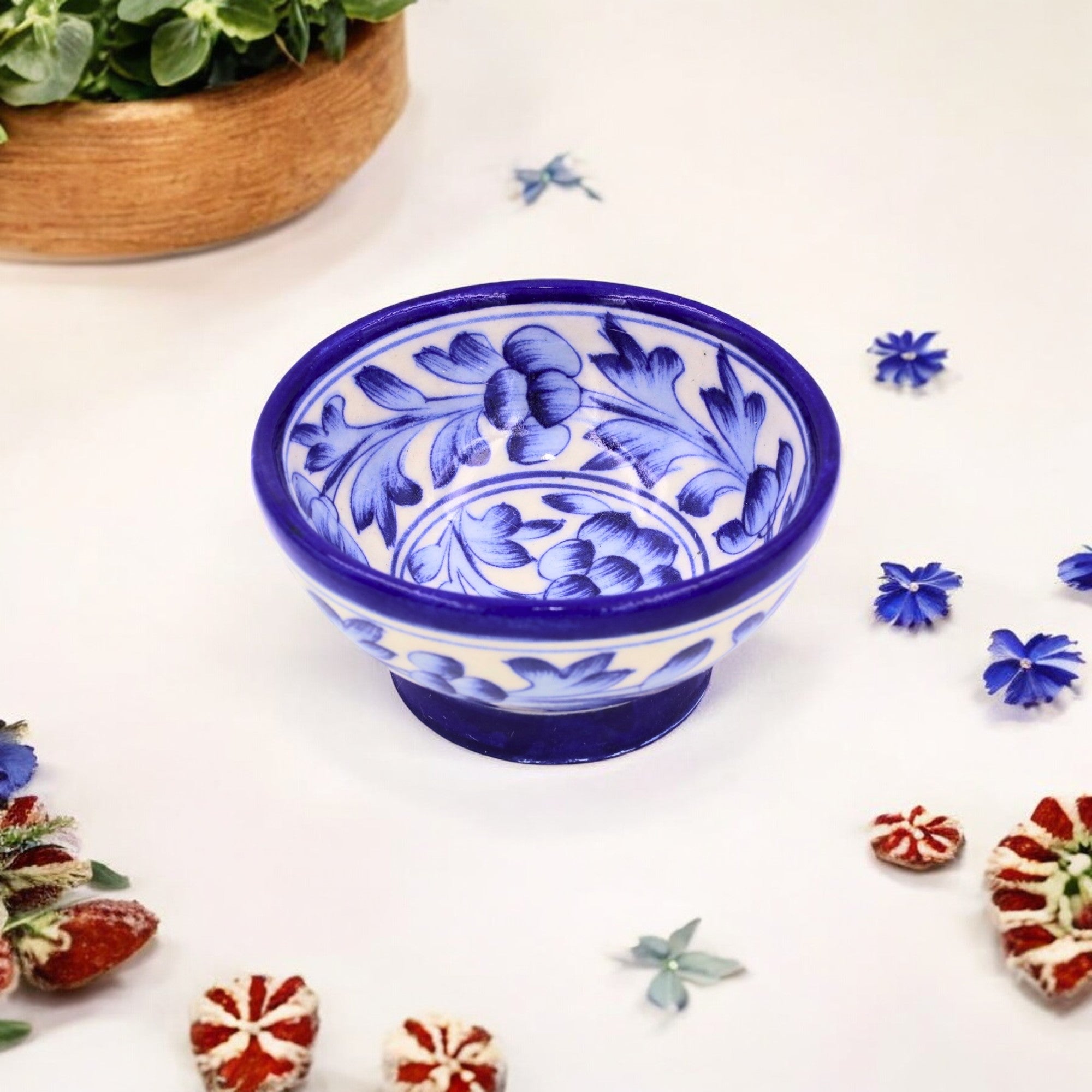 Blue Pottery Round Bowl – White & Blue