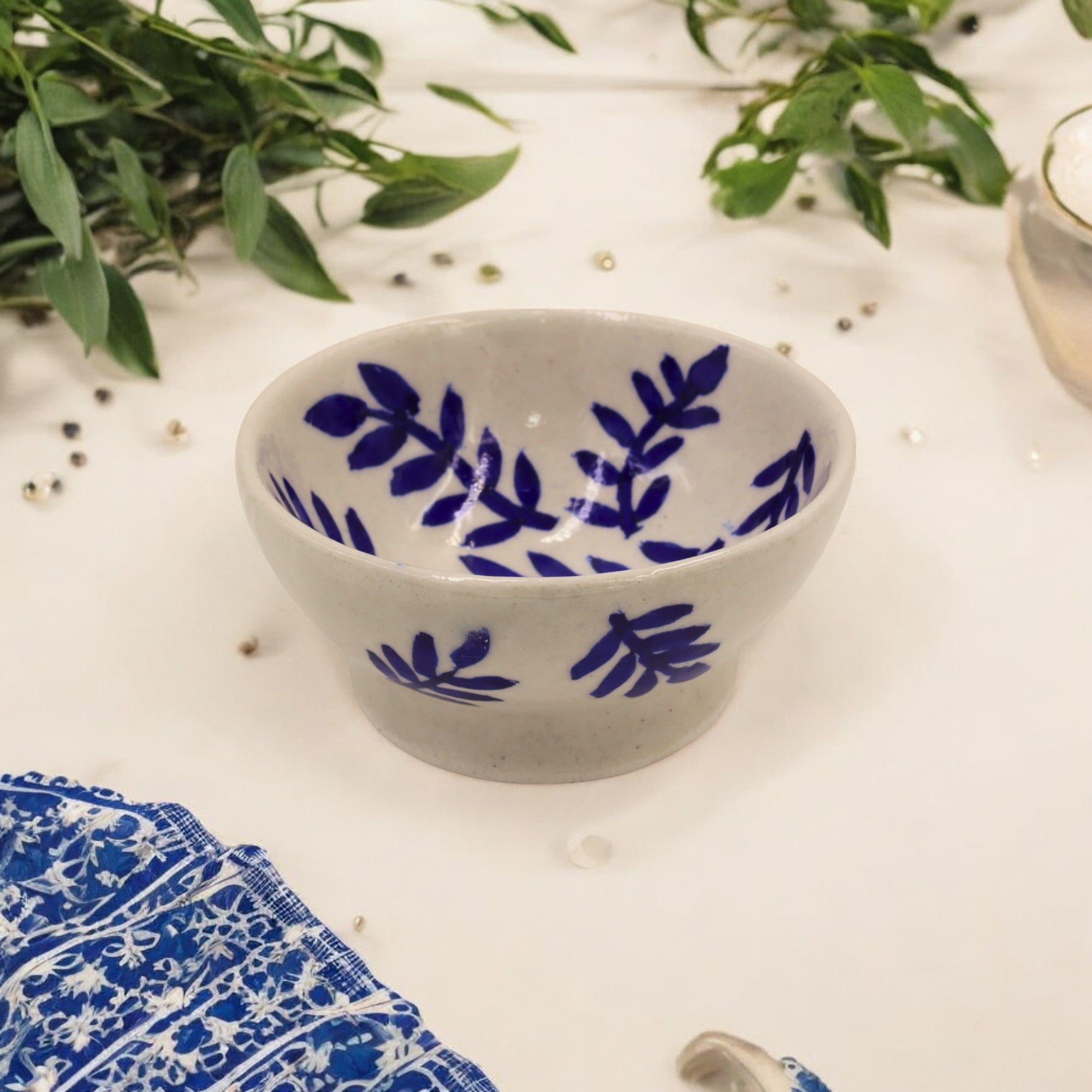 Blue Pottery Round Bowl – White