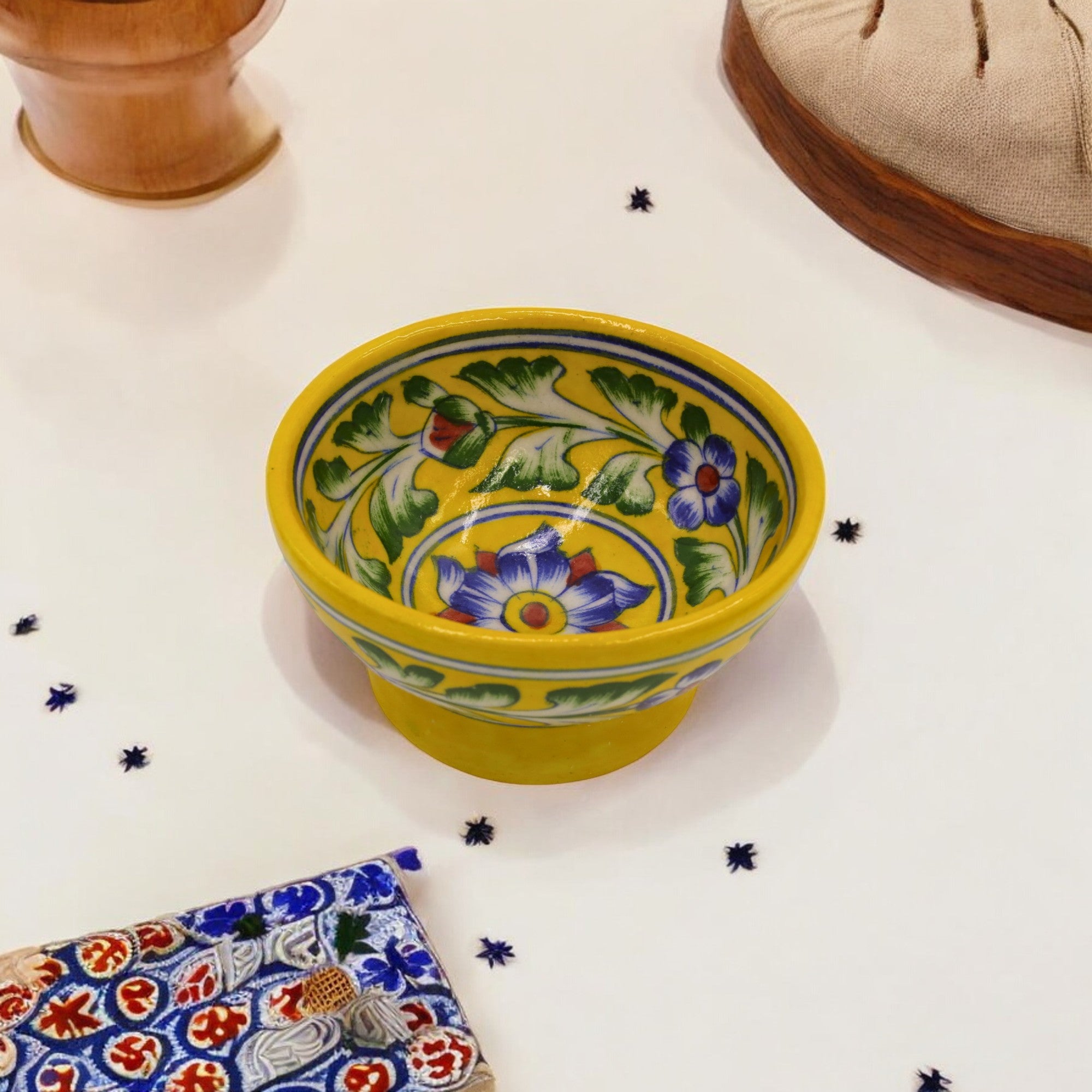 Blue Pottery Round Bowl - Yellow - 2