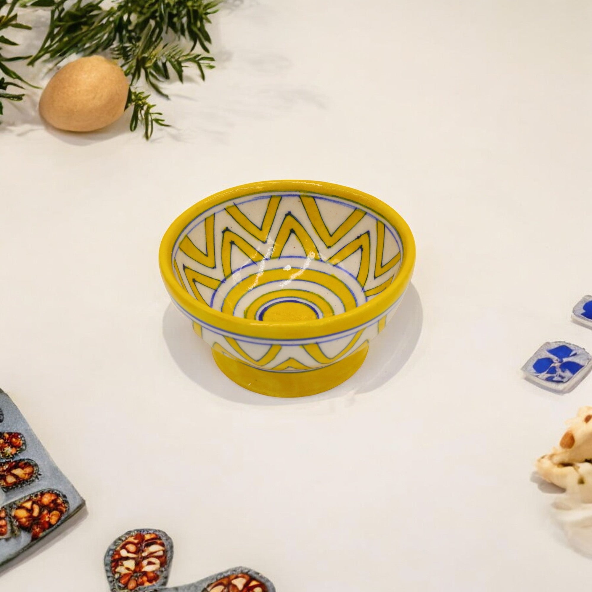 Blue Pottery Round Bowl – Yellow