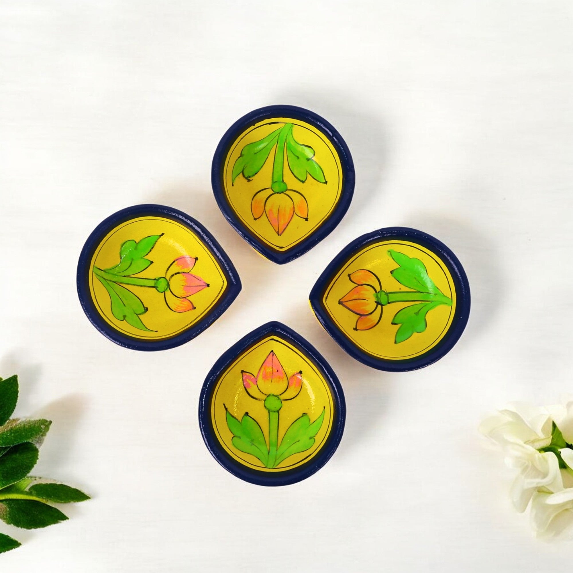 Hand-Painted Ceramic Diyas - Set of 4 - Yellow and Blue