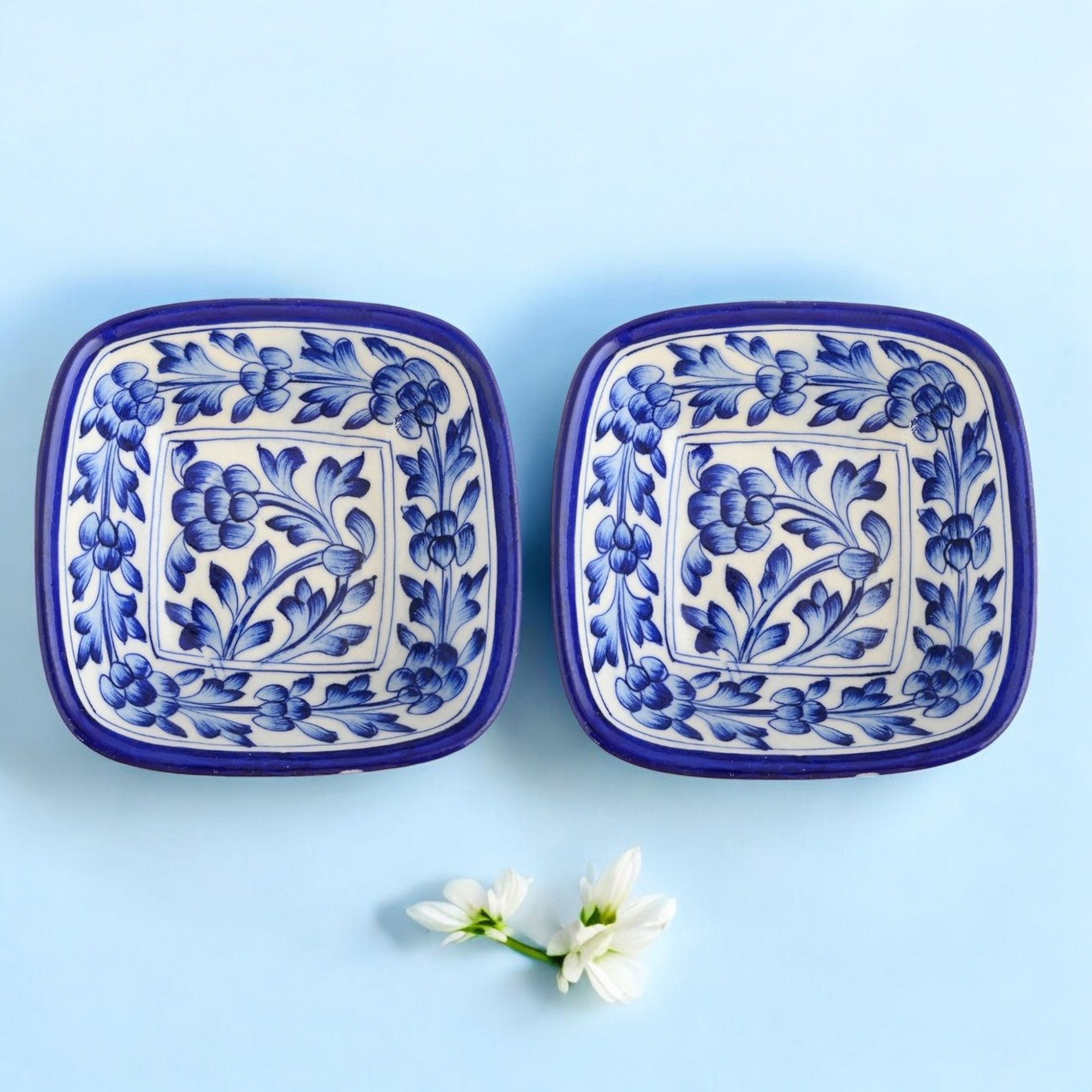 Set of 2 Floral Pattern Blue Pottery Bowls – White & Blue – 6"