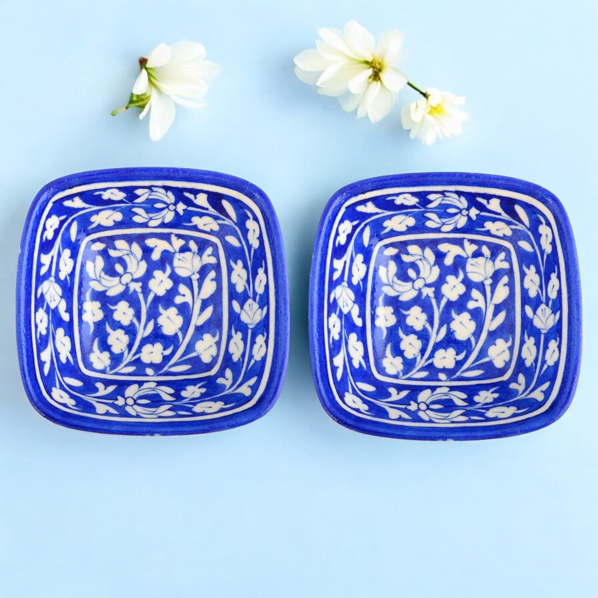 Set of 2 Floral Pattern Blue Pottery Bowls—Blue—6”