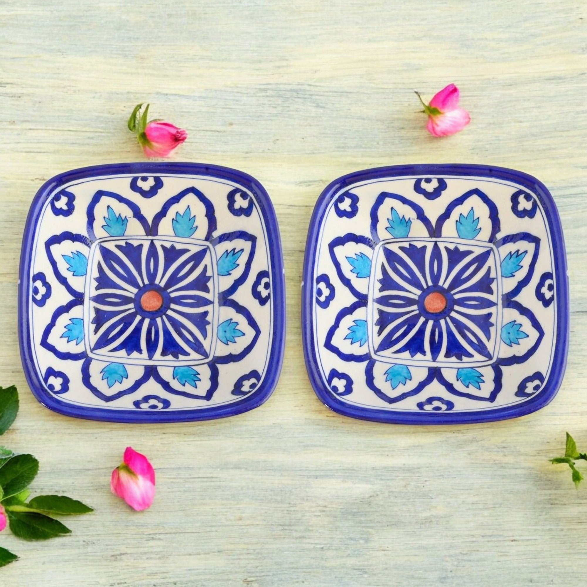 Set of 2 Floral Pattern Blue Pottery Bowls – Blue & White – 6"