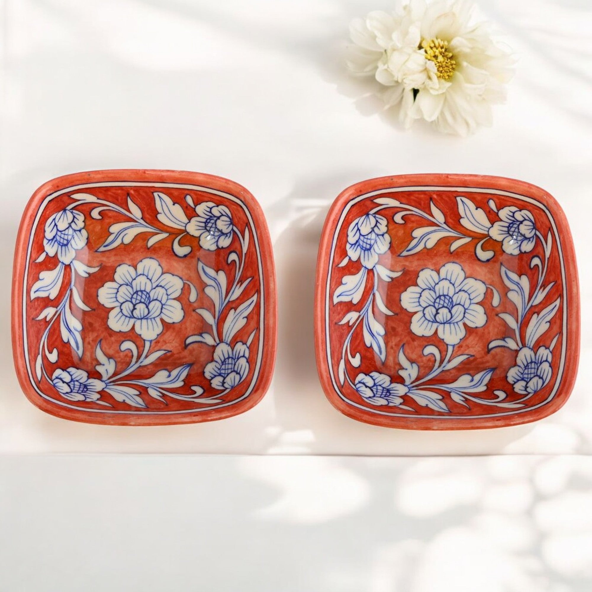 Set of 2 Floral Pattern Blue Pottery Bowls – Maroon – 6"