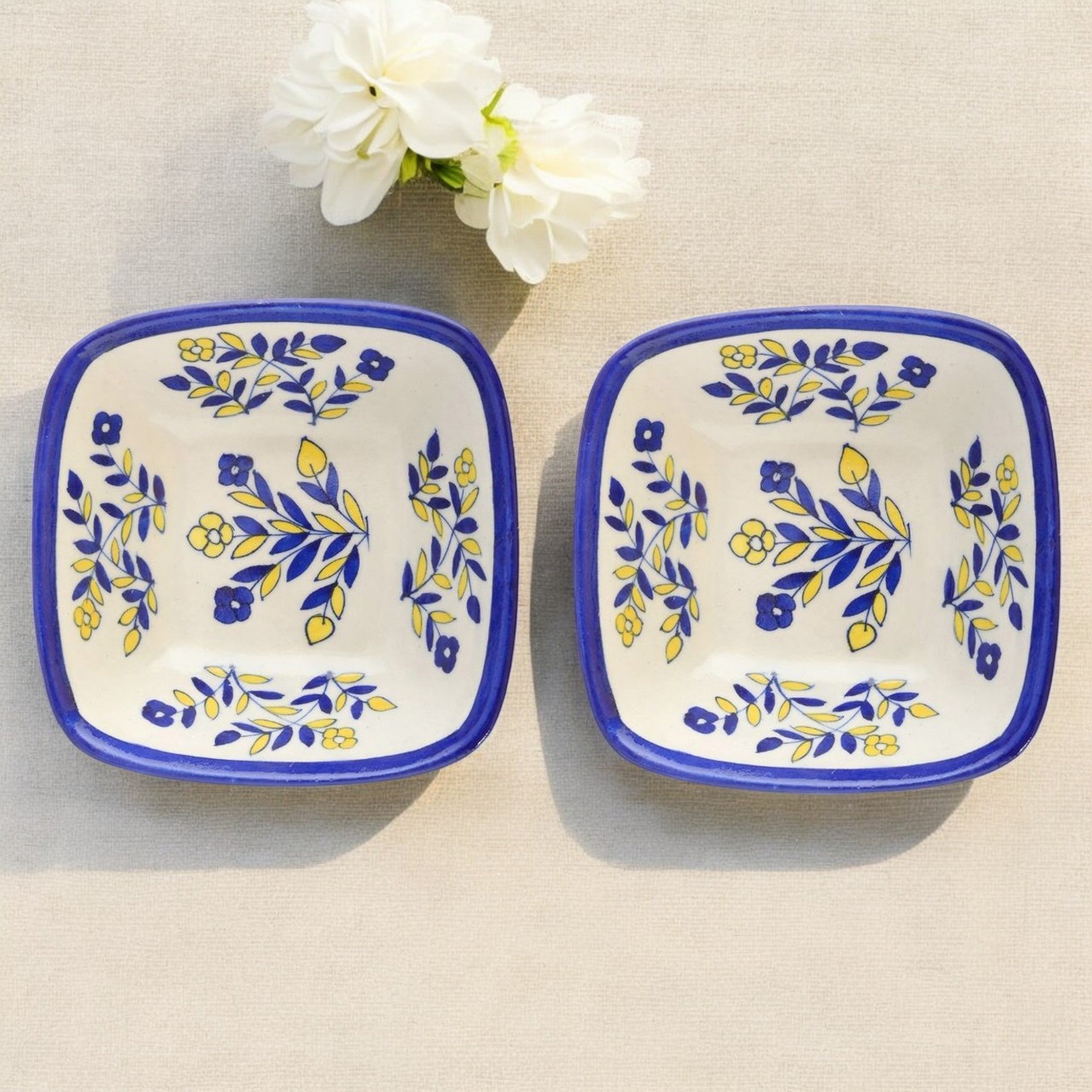 Set of 2 Floral Pattern Blue Pottery Bowls – White – 6"