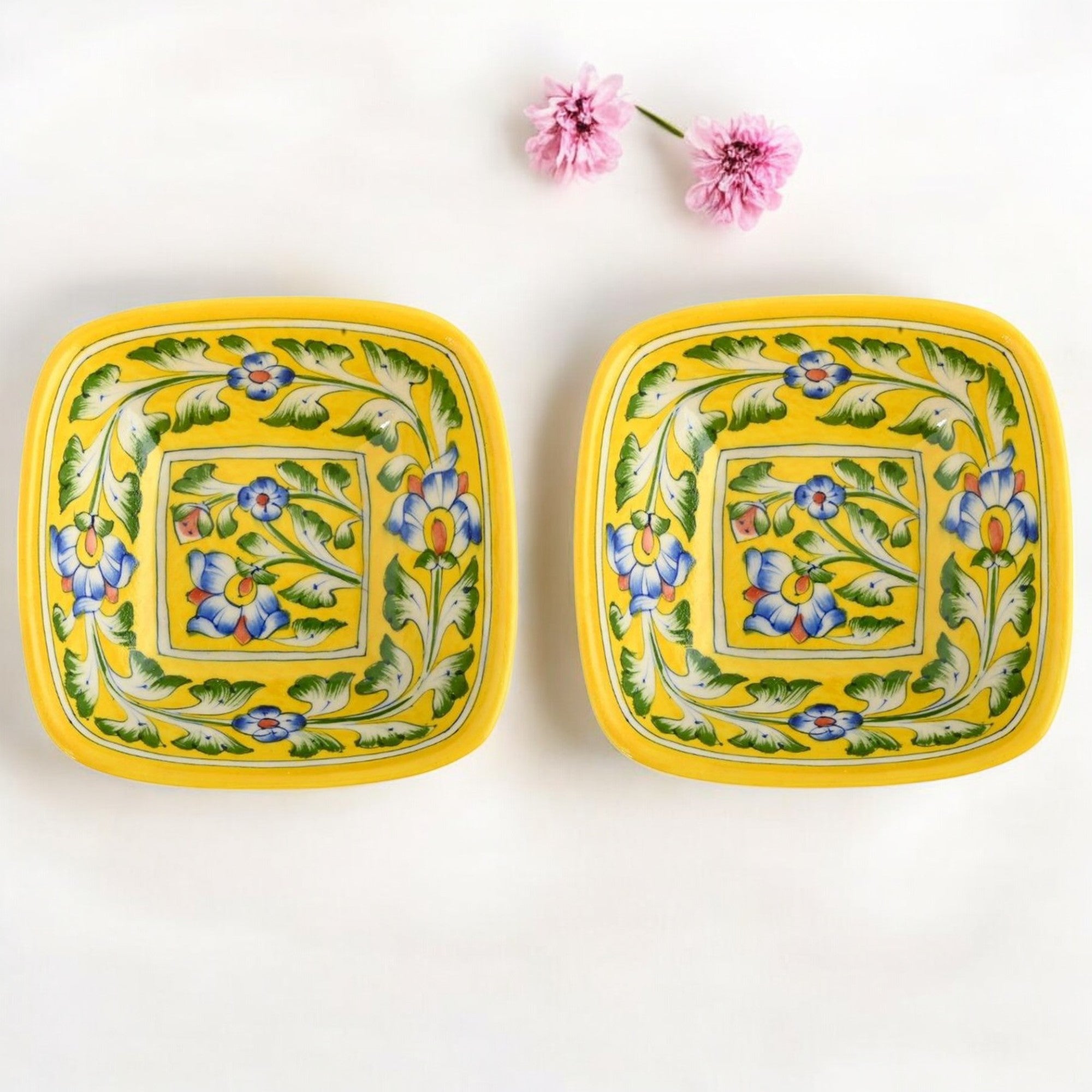 Set of 2 Floral Pattern Blue Pottery Bowls – Yellow – 6"