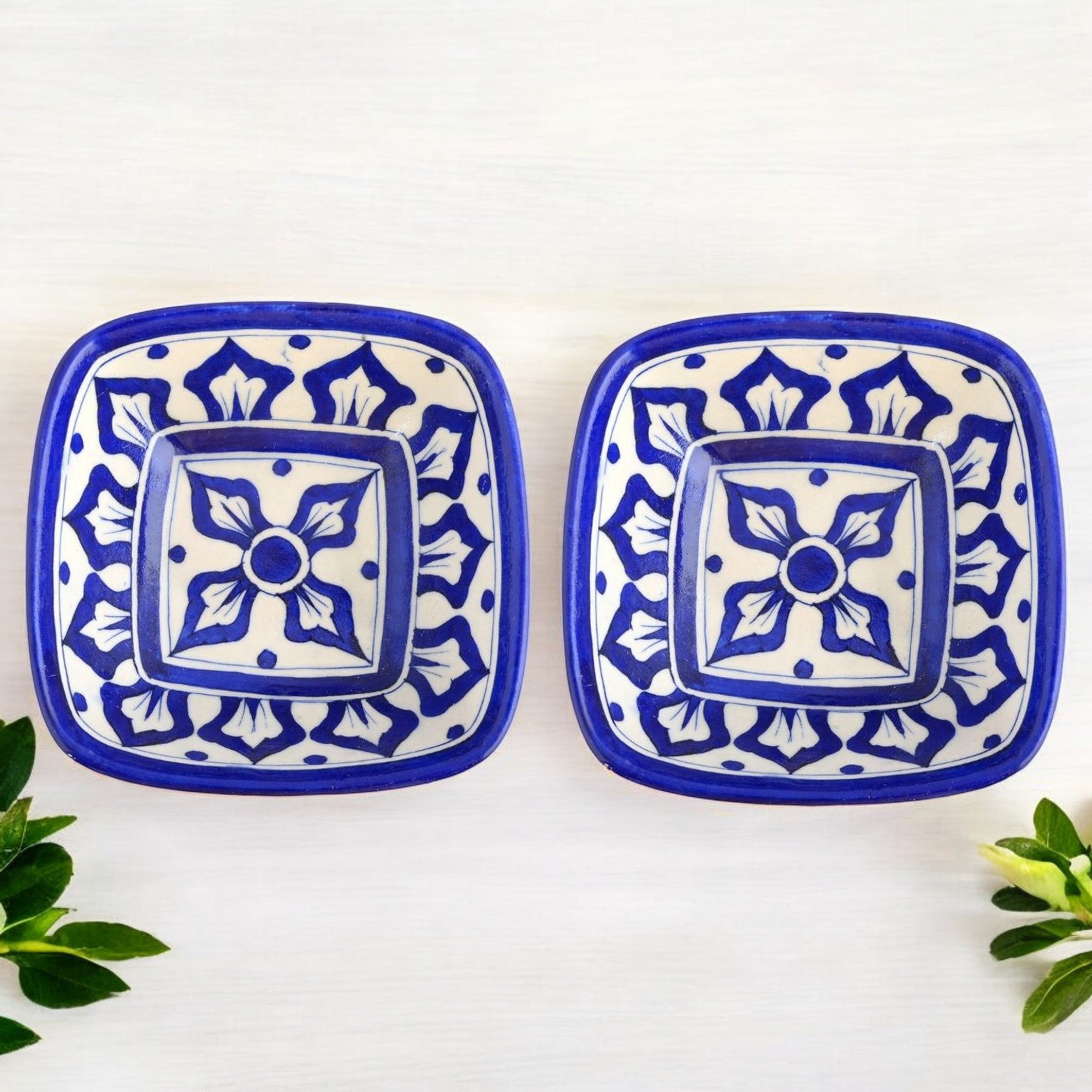Set of 2 Floral & Geometric Pattern Blue Pottery Bowls – Blue – 6"