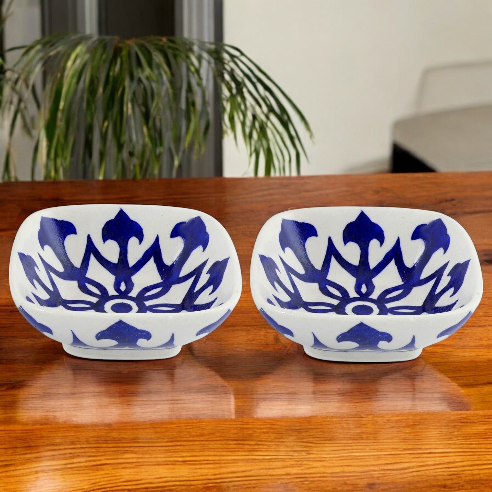 Set of 2 Floral & Geometric Pattern Blue Pottery Bowls – White – 6"