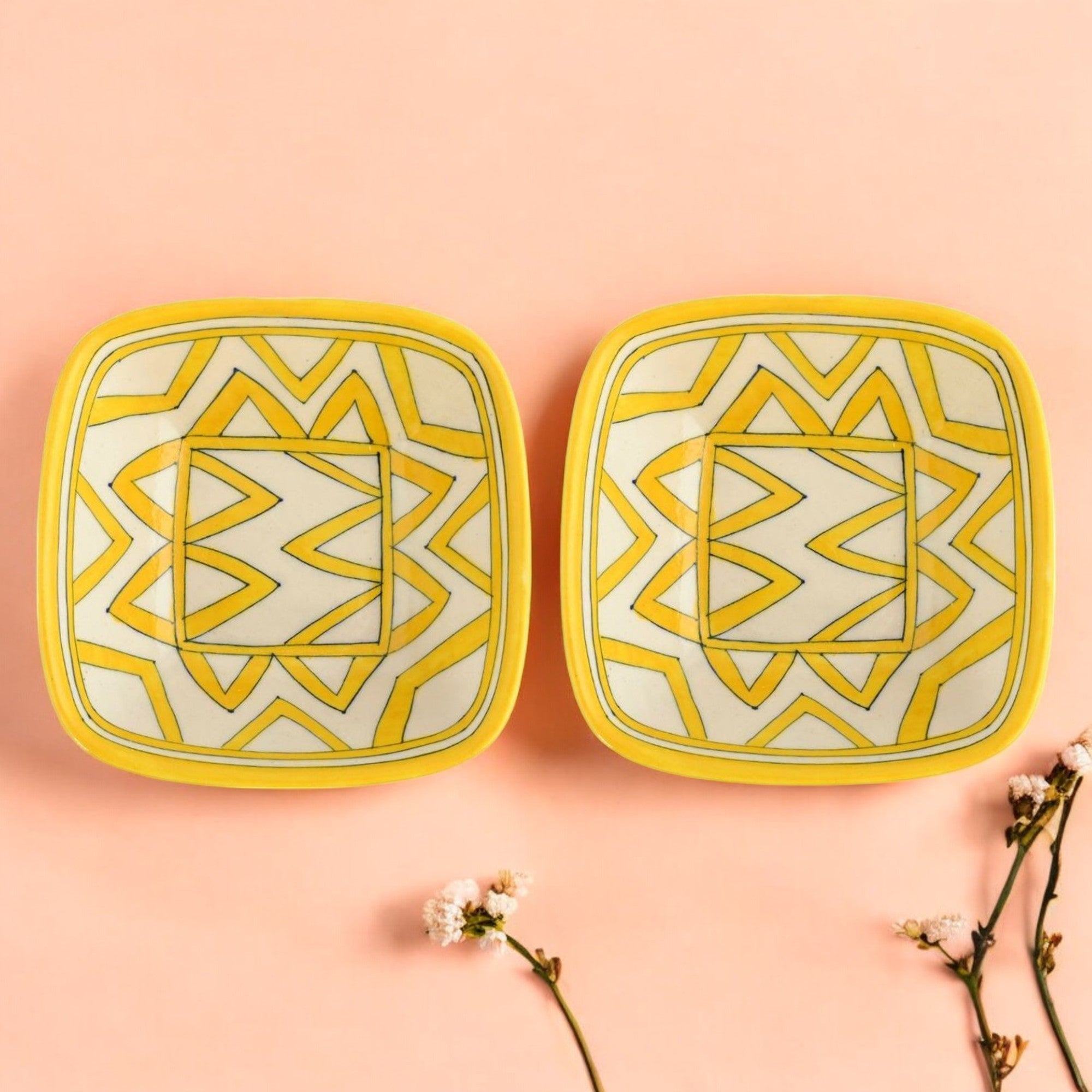 Set of 2 Geometric Pattern Blue Pottery Bowls—Yellow—6”