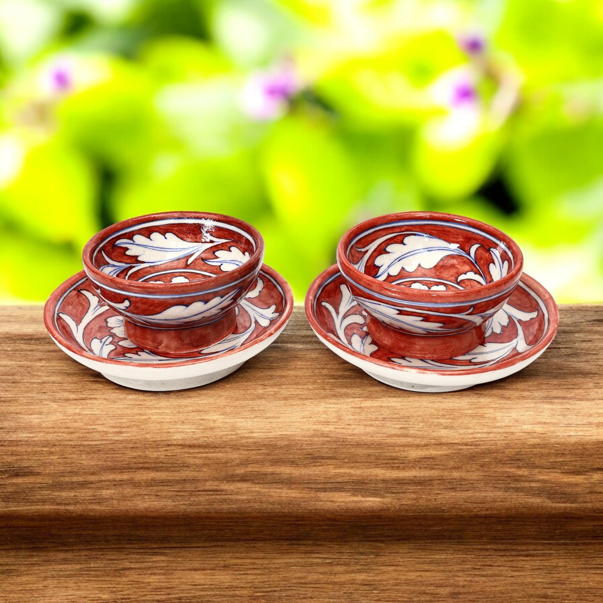 Set of 2 Jaipur Blue Pottery Bowls – Handcrafted Red Floral Decorative Bowls (6" & 4")