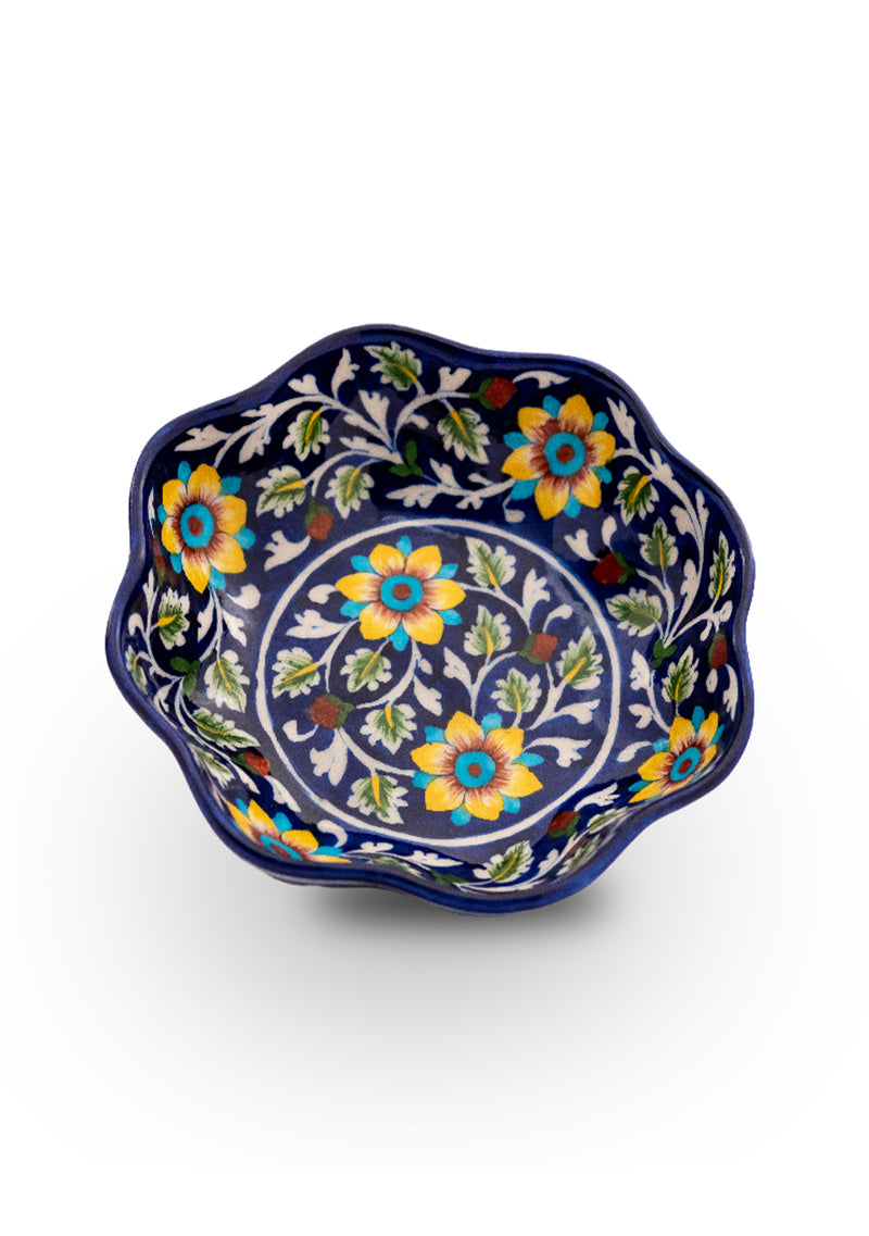 Yellow Flower Pattern Lotus Shaped Dark Blue Bowl