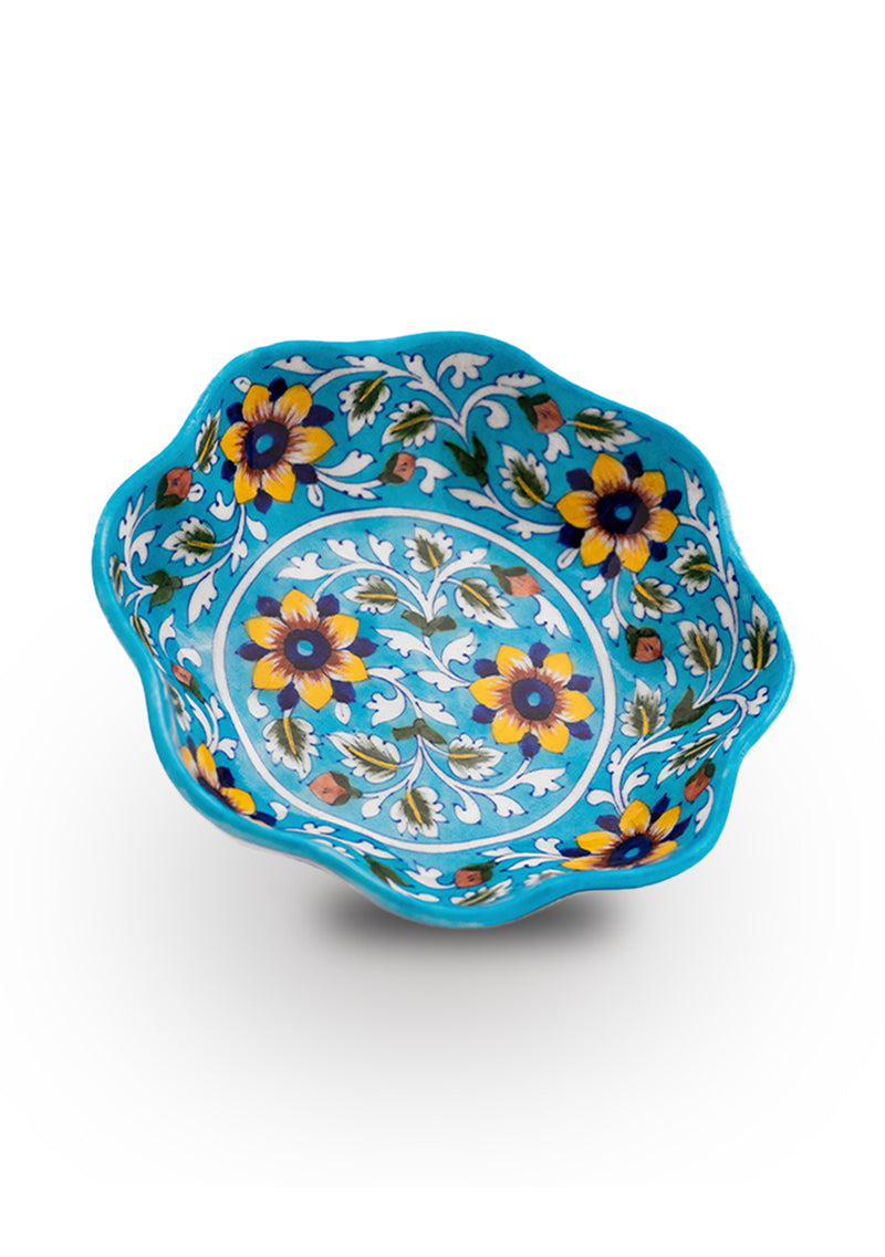 Yellow Flower Pattern Lotus Shaped Sky Blue Bowl
