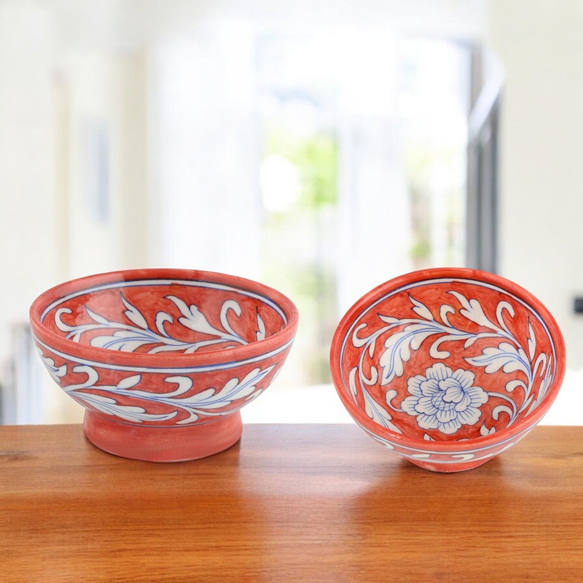 Handcrafted Reddish Brown Round Blue Pottery Bowls—Set of 2—Floral Pattern—6”
