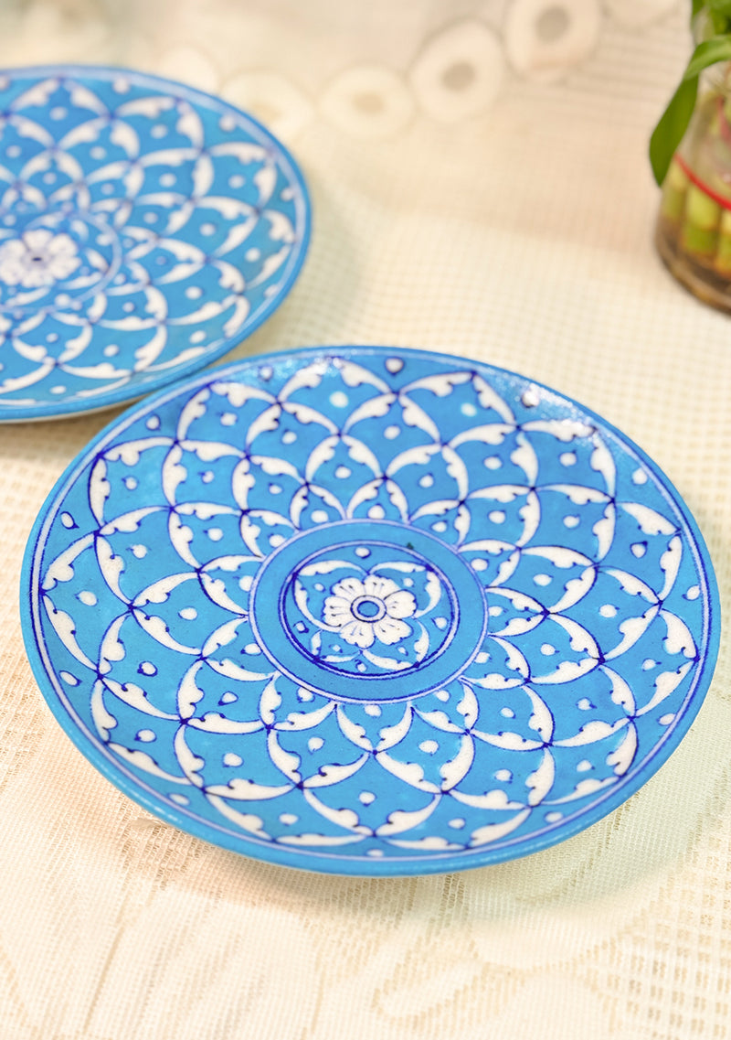 White Flowers Design Handmade Blue Pottery Decorative Platter